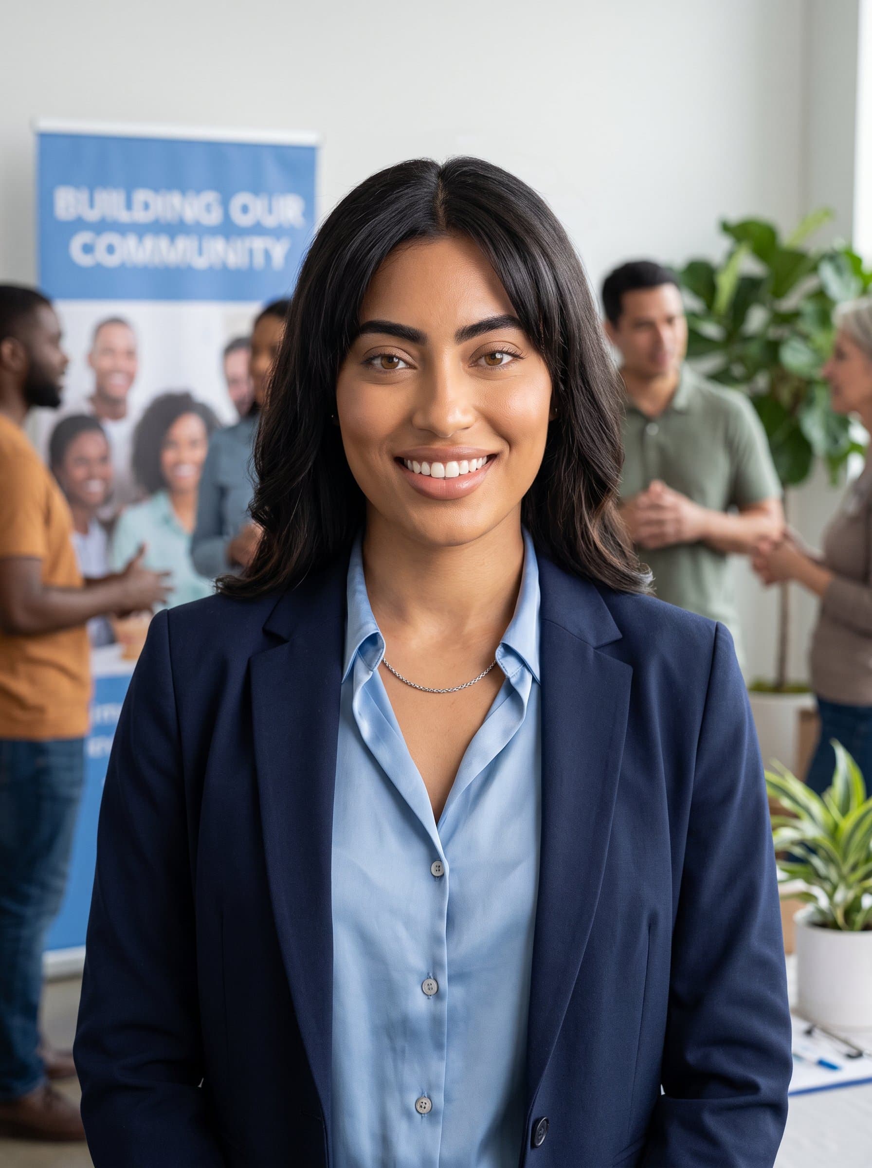 : Non-profit leader headshot, featuring a compassionate woman in business-casual attire against a community-focused background, reflecting dedication and altruism for a Glassdoor profile.