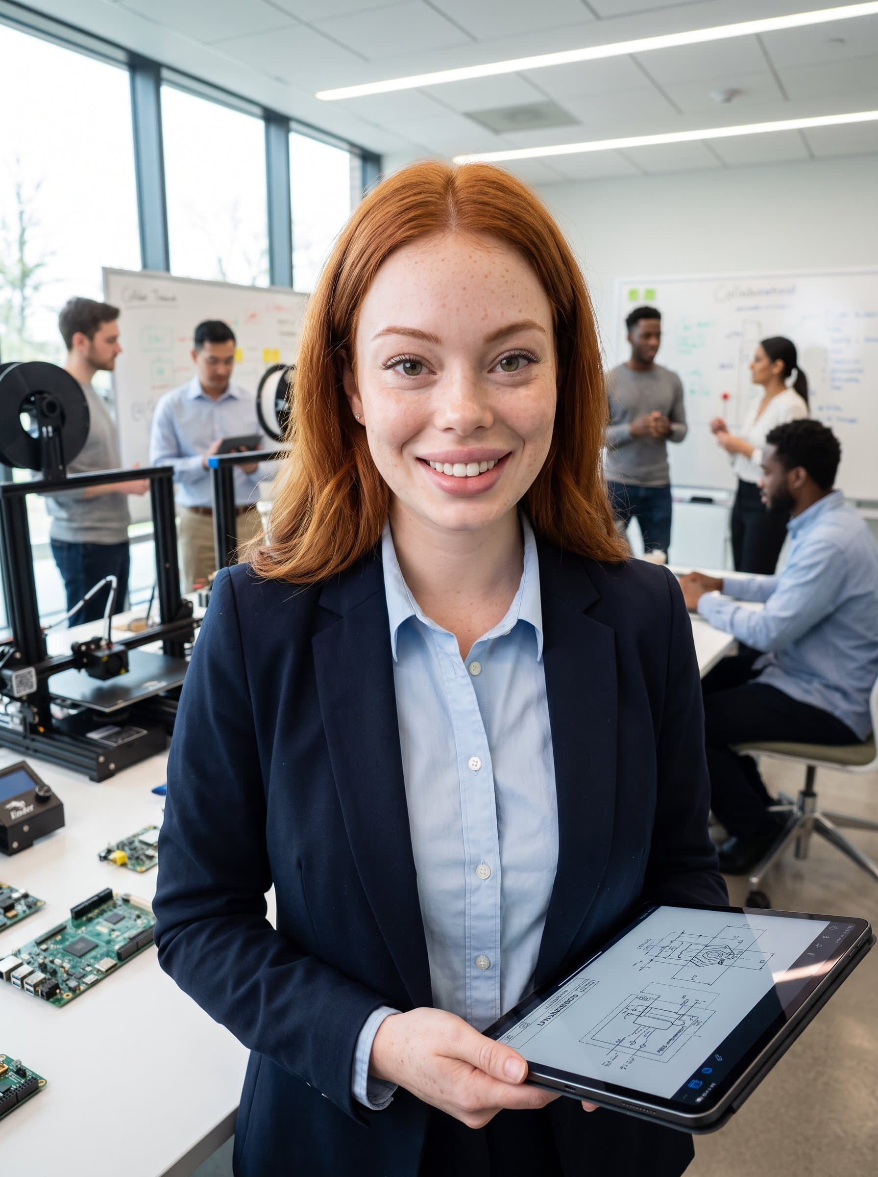 : Engineer headshot, showcasing a problem-solving woman in practical business attire, with an industrial or tech-oriented background, reflecting innovation and expertise for a Glassdoor profile.