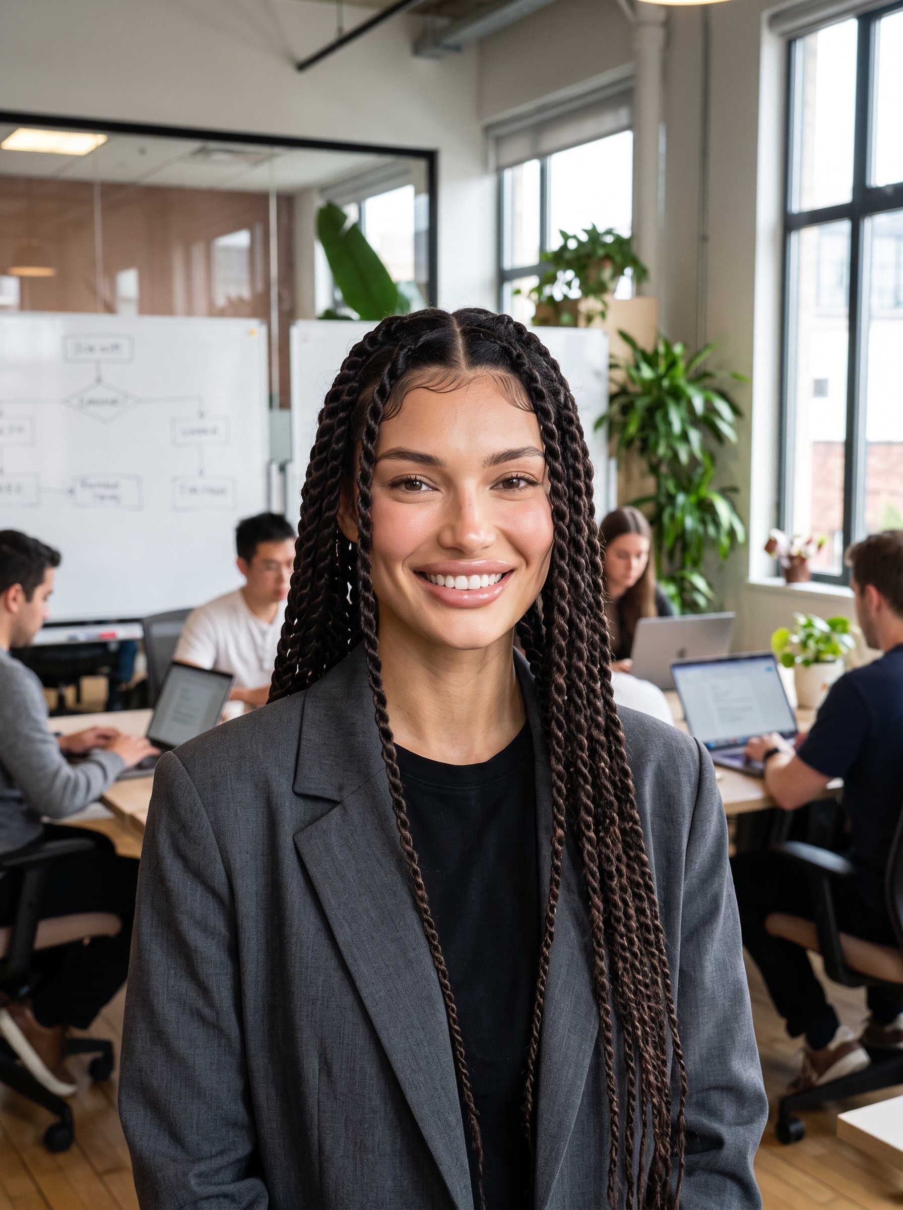 : Startup founder headshot, highlighting a dynamic woman in casual, modern attire, against a tech-centric setting, embodying entrepreneurial spirit for a Glassdoor profile.