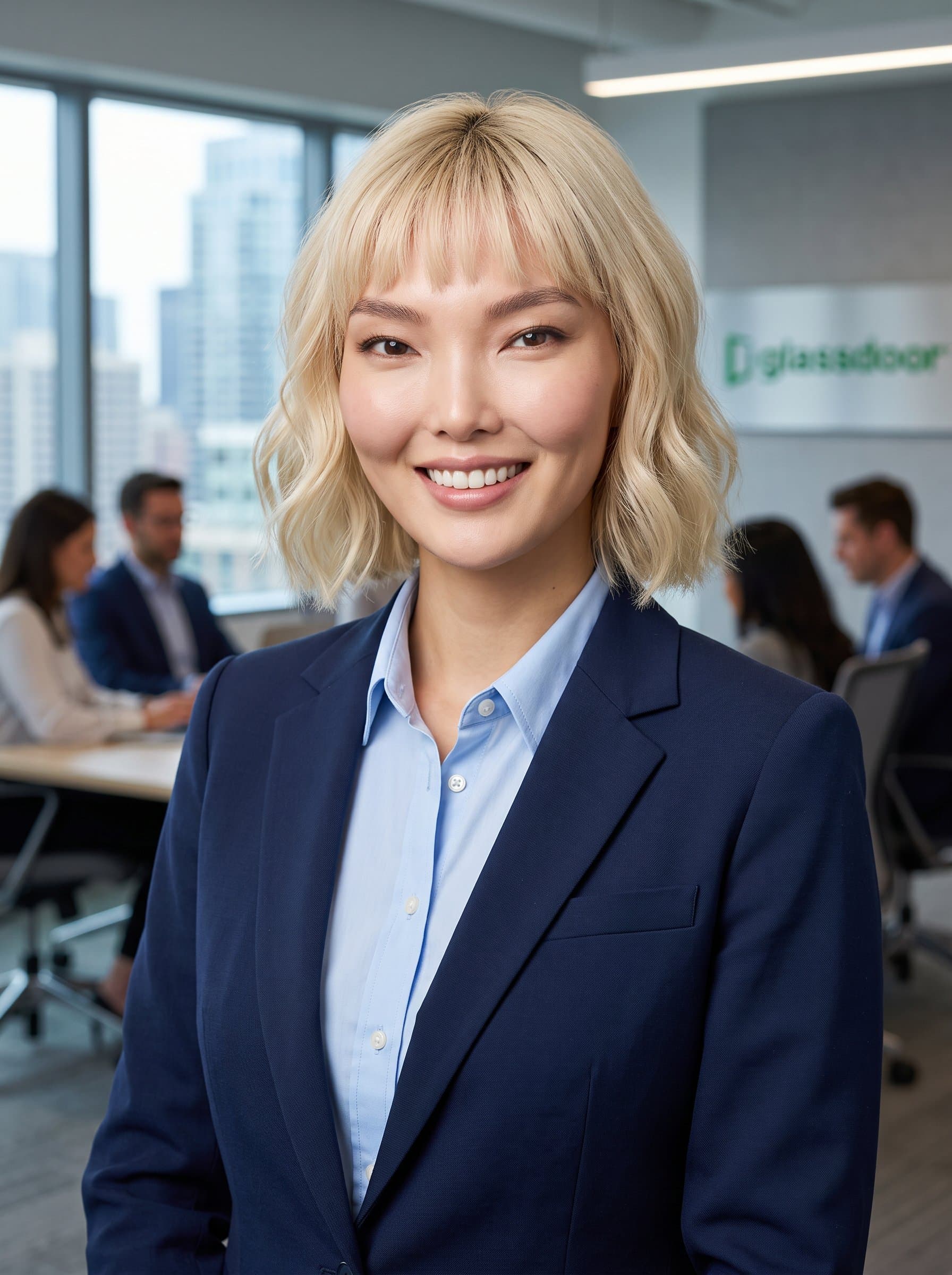 : Consultant headshot, featuring a strategic woman in a polished suit, set against a corporate office background, exuding professionalism and insight for a Glassdoor profile.