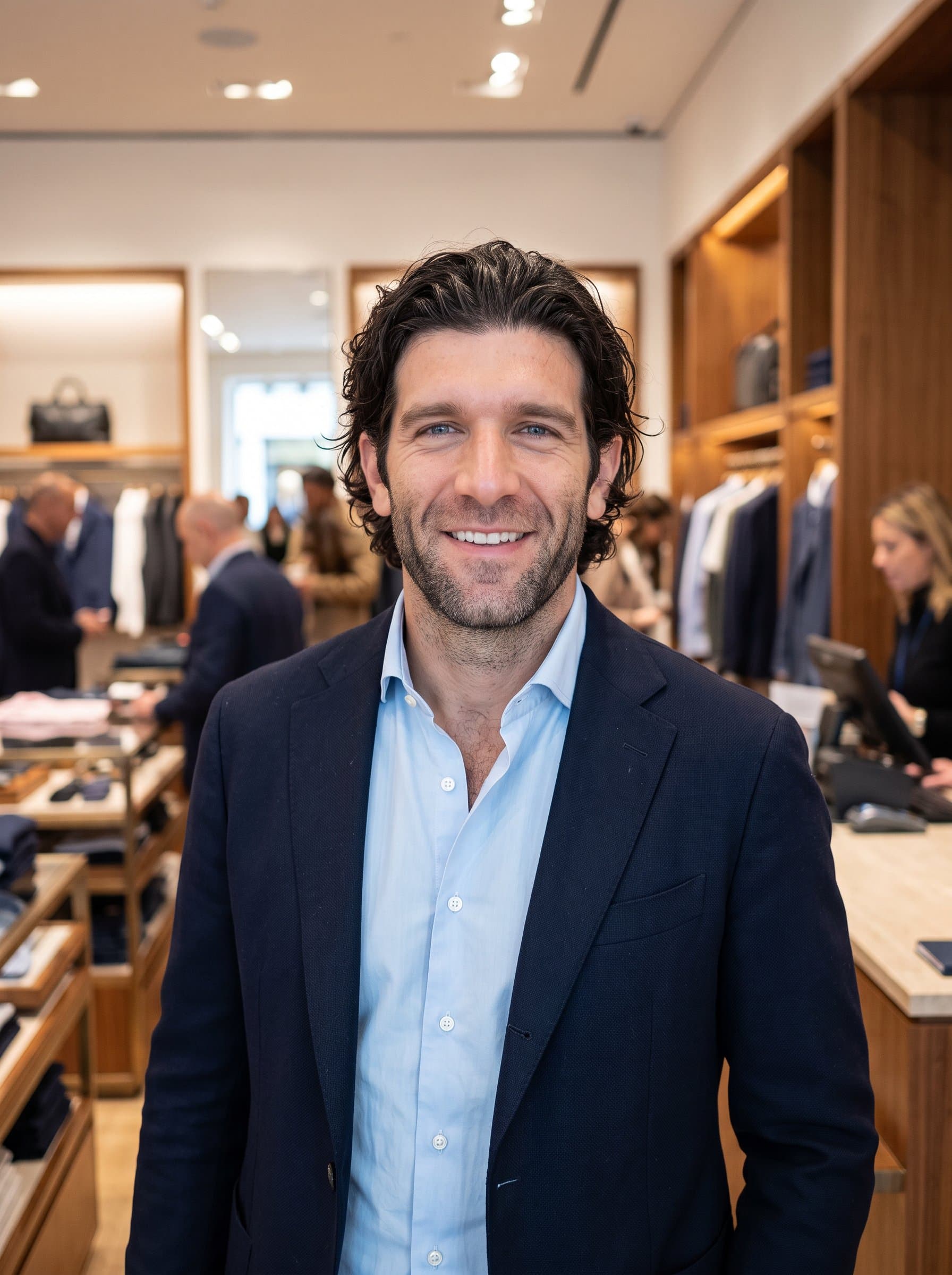 : Retail manager headshot, capturing a dynamic man in business-casual wear, against a retail or business environment, reflecting customer relations and management skills for a Glassdoor profile.