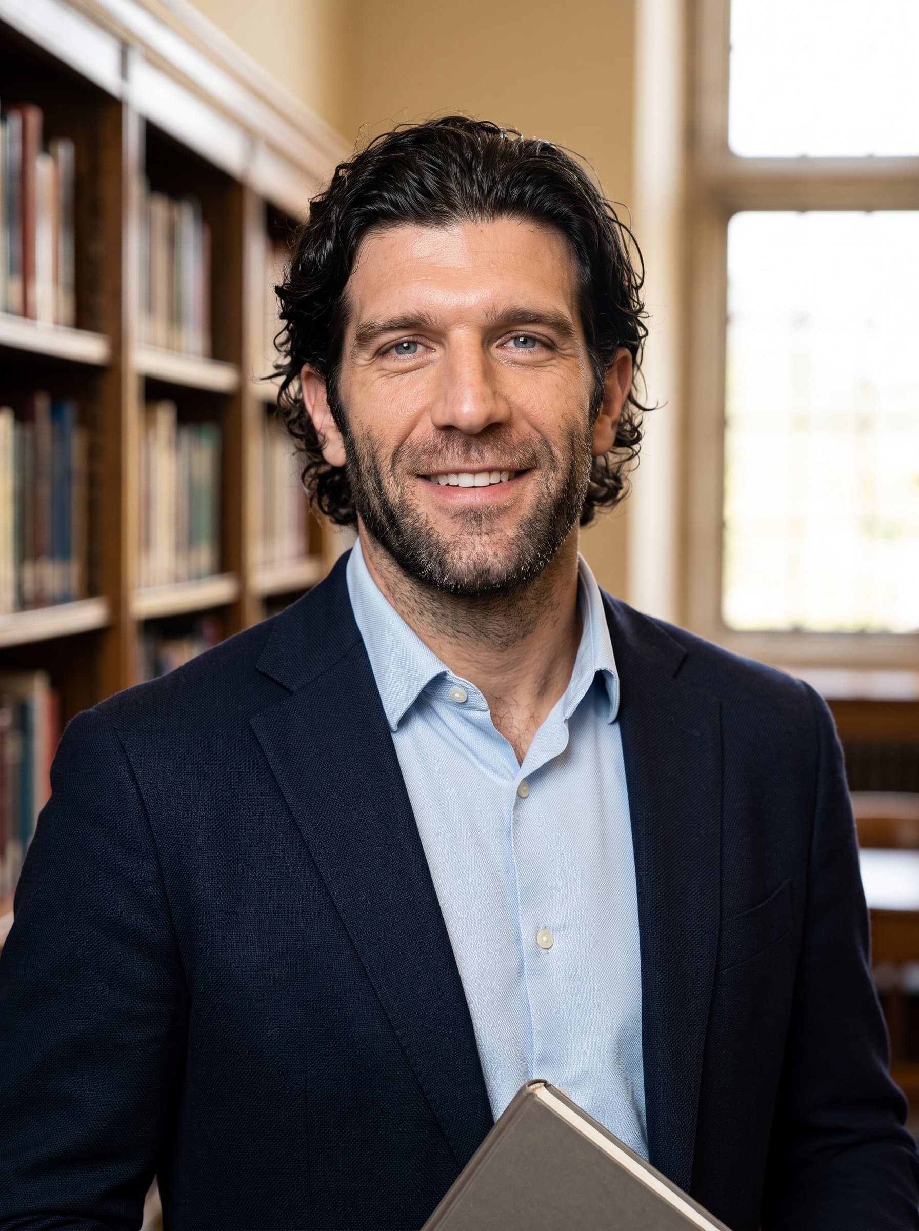: Educator headshot, portraying a knowledgeable man in professional attire, with a classroom or library backdrop, embodying teaching and mentoring skills for a Glassdoor profile.