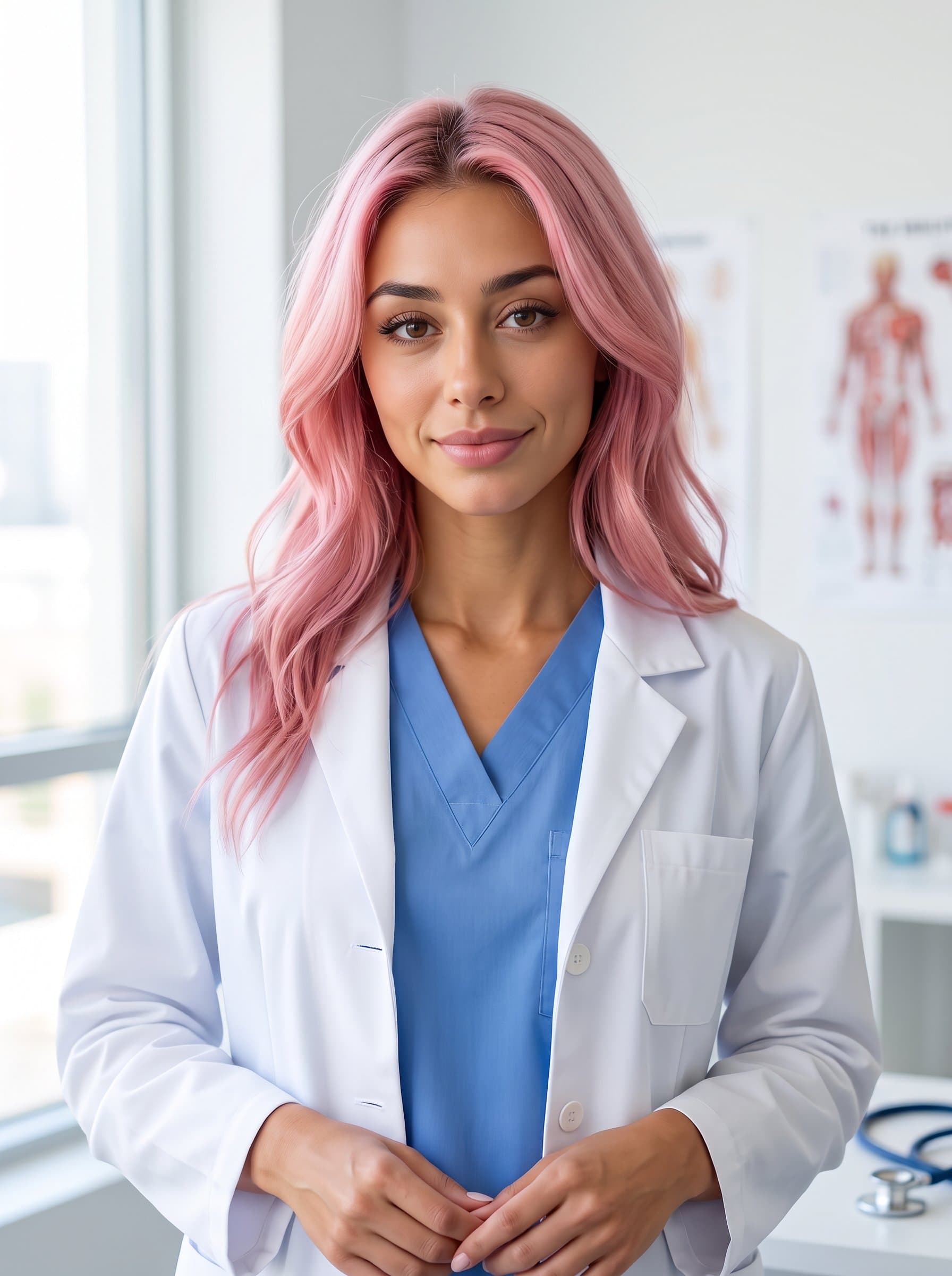 : Healthcare professional headshot, featuring an woman in medical scrubs or a lab coat, with a compassionate expression, set against a clean, clinical background for a Glassdoor profile.
