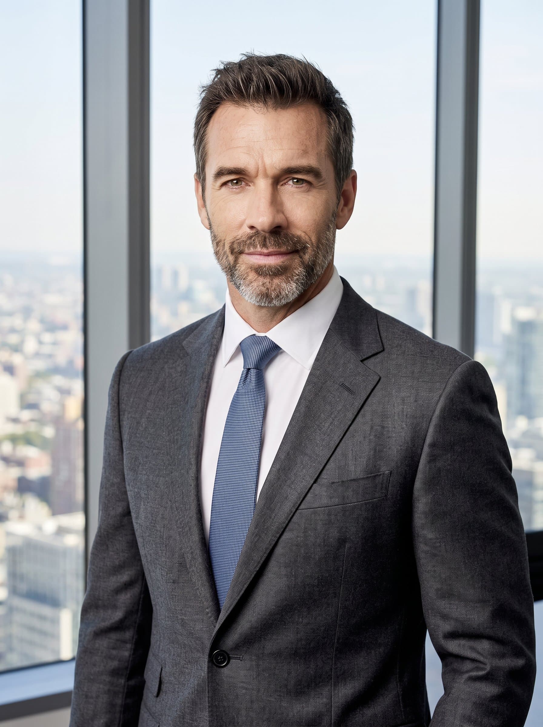 : Business executive headshot for corporate leadership, showcasing a poised man in a tailored suit, with a cityscape background, embodying success and authority for a Glassdoor profile.