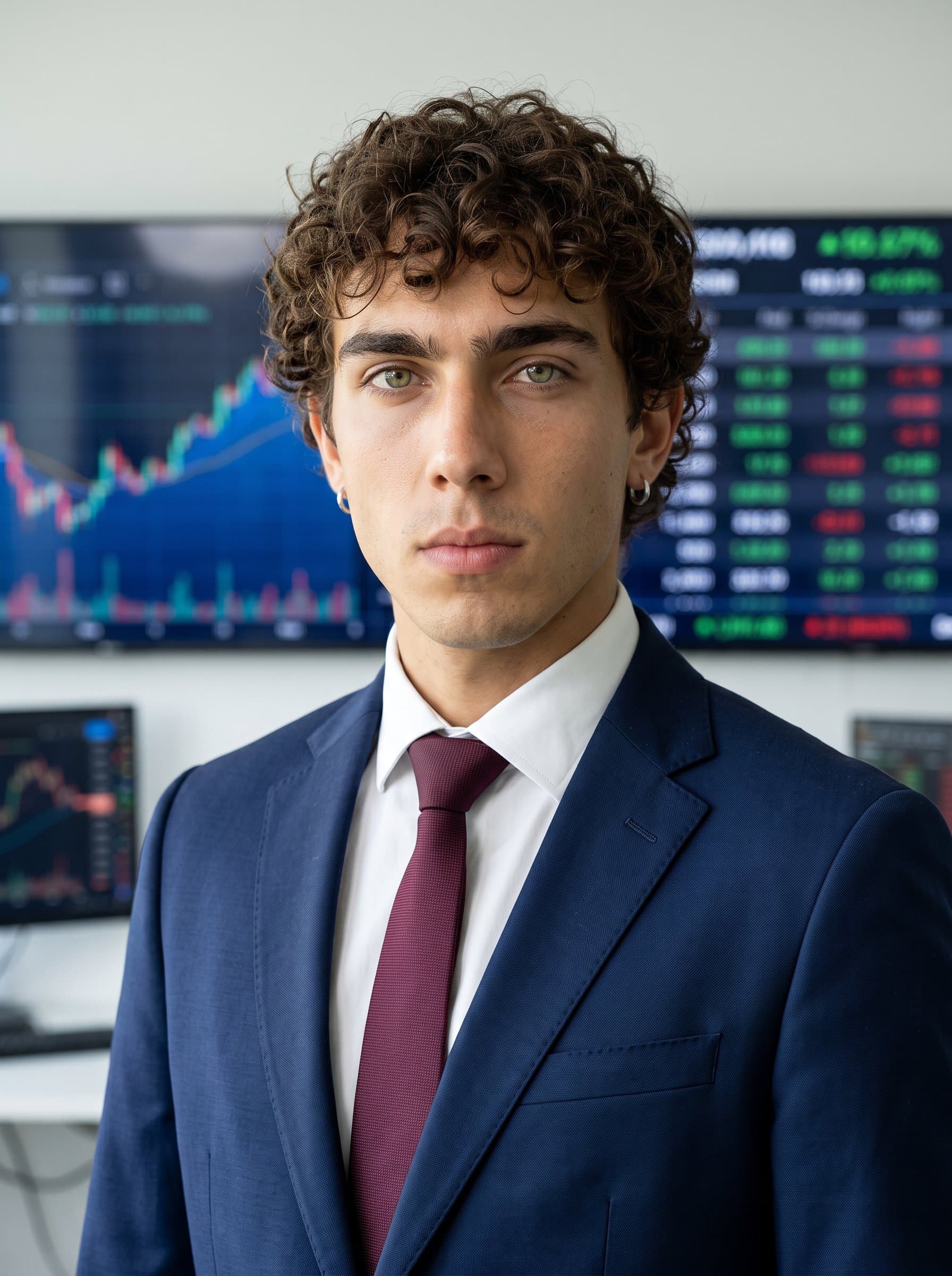 : Finance analyst headshot, showcasing a meticulous man in formal business wear, with financial charts in the backdrop, exuding analytical and strategic skills for a Glassdoor profile.