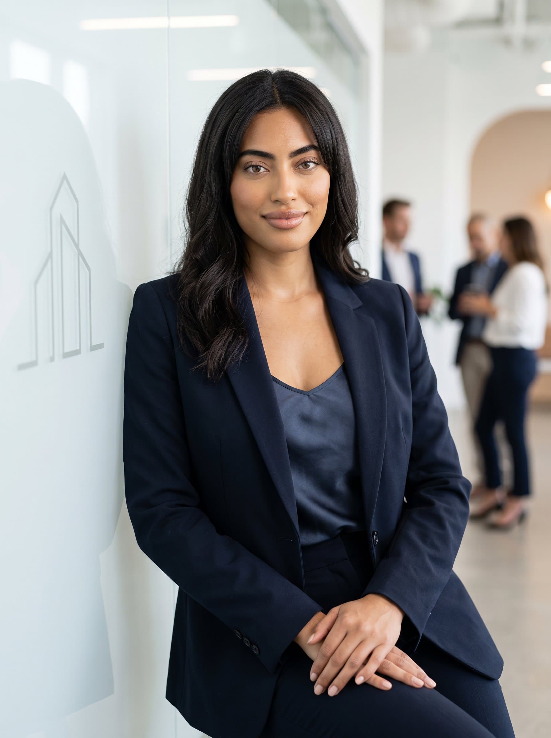 : Tech entrepreneur headshot, highlighting an innovative woman in a relaxed, modern outfit, set against a sleek office setting, reflecting a visionary spirit for a Glassdoor profile.