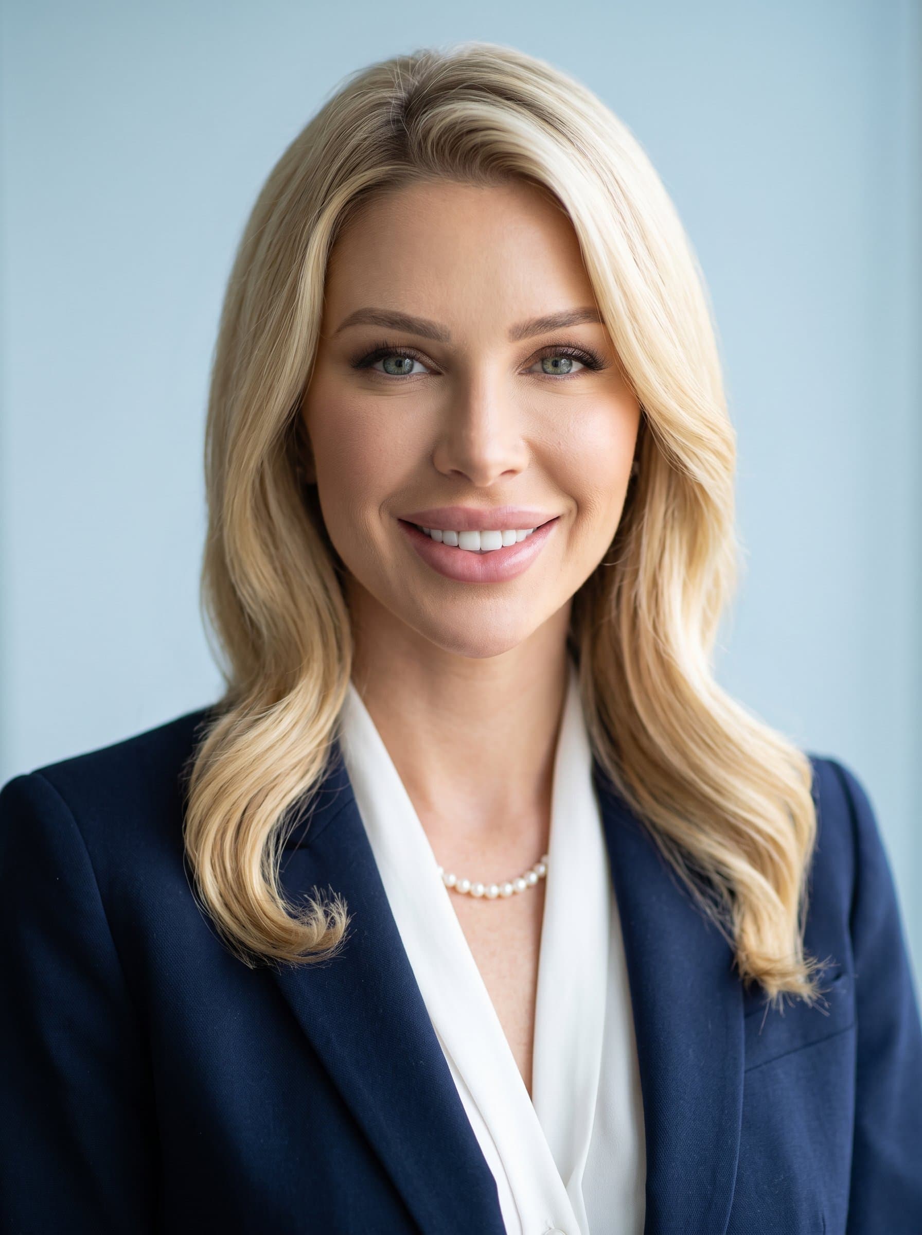 Design a photorealistic headshot for showcasing them in a modern business-casual outfit, hair neatly styled, with a serene light blue backdrop and gentle lighting highlighting their confident yet friendly persona.