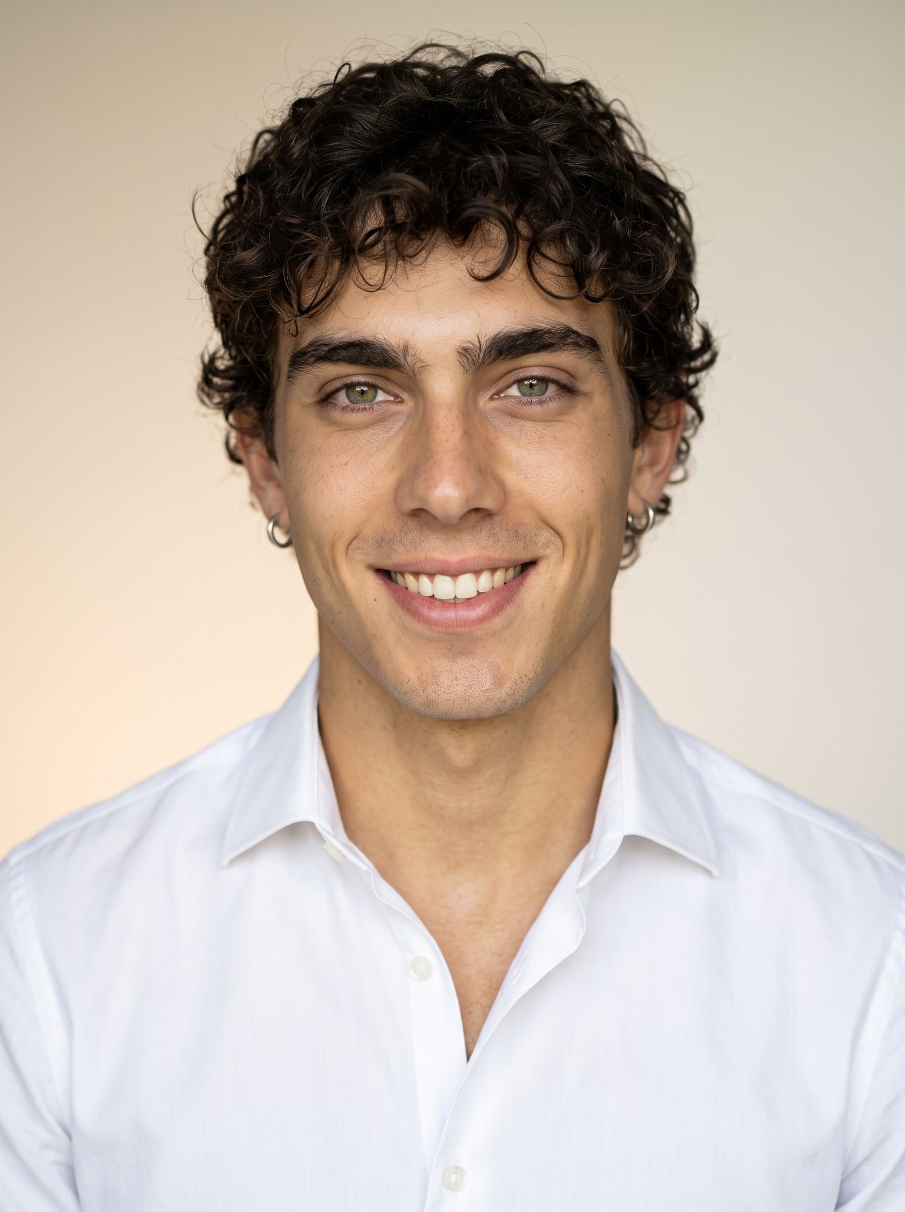 Generate a professional headshot of featuring them in a crisp white shirt with an open collar, a warm and welcoming smile, and a background subtly gradient from light beige to soft cream.