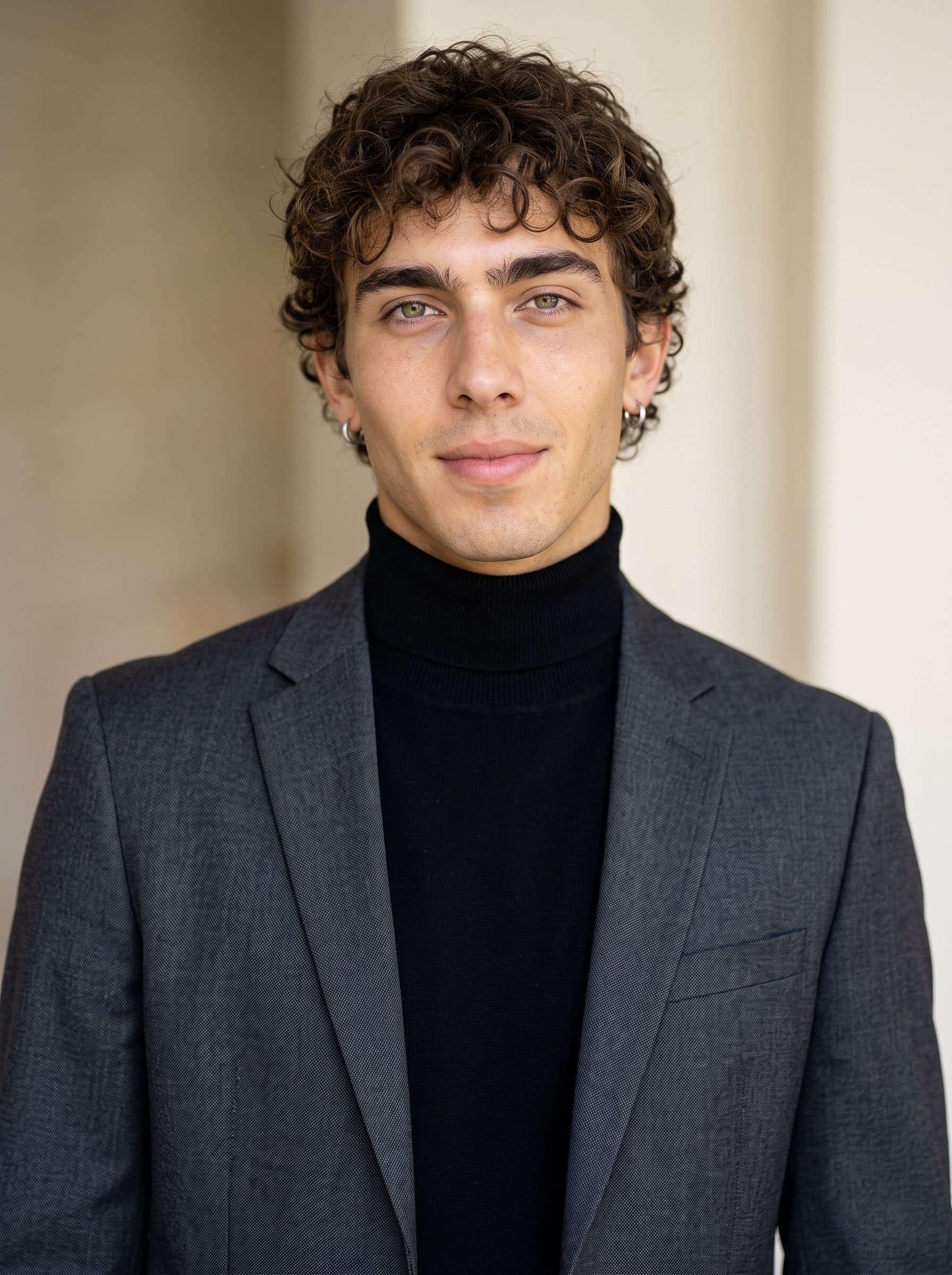 Generate an image of dressed in a sleek turtleneck under a fitted blazer, with a relaxed and amiable expression, set against a neutral backdrop merging subtle shades of beige and ivory.