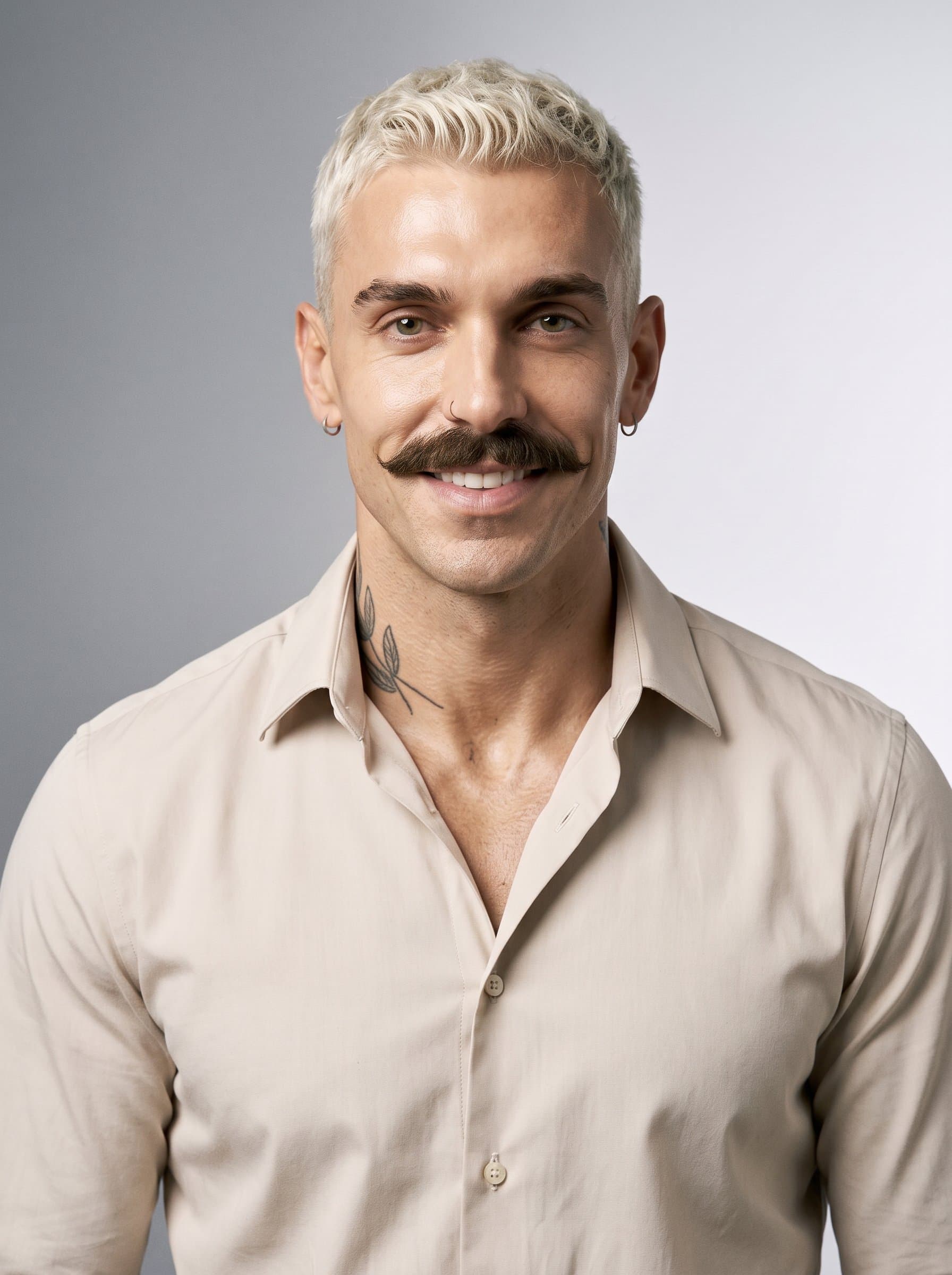 Create a headshot featuring in a tailored, open-collared shirt, with a gentle, assured expression, placed before a subtle gradient from neutral gray to soft white, ensuring a balanced illumination.