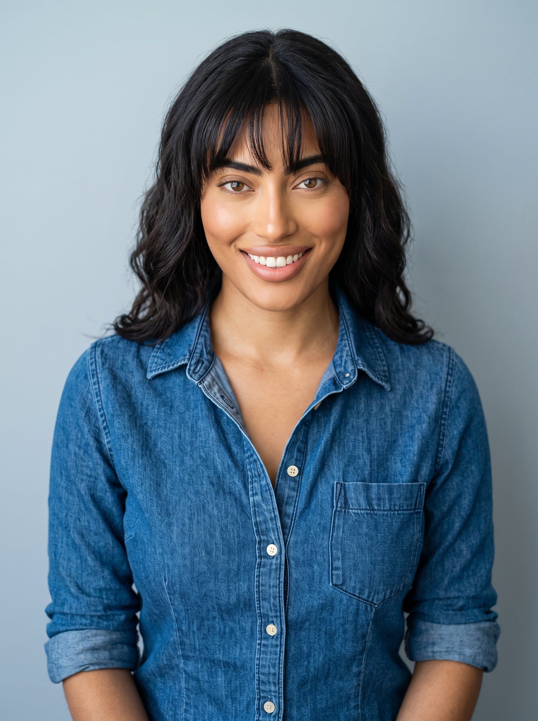 Produce a photorealistic headshot of showcasing a charismatic presence in a smart-casual denim shirt, softly lit, with a tranquil pastel gray background enhancing their professional image.