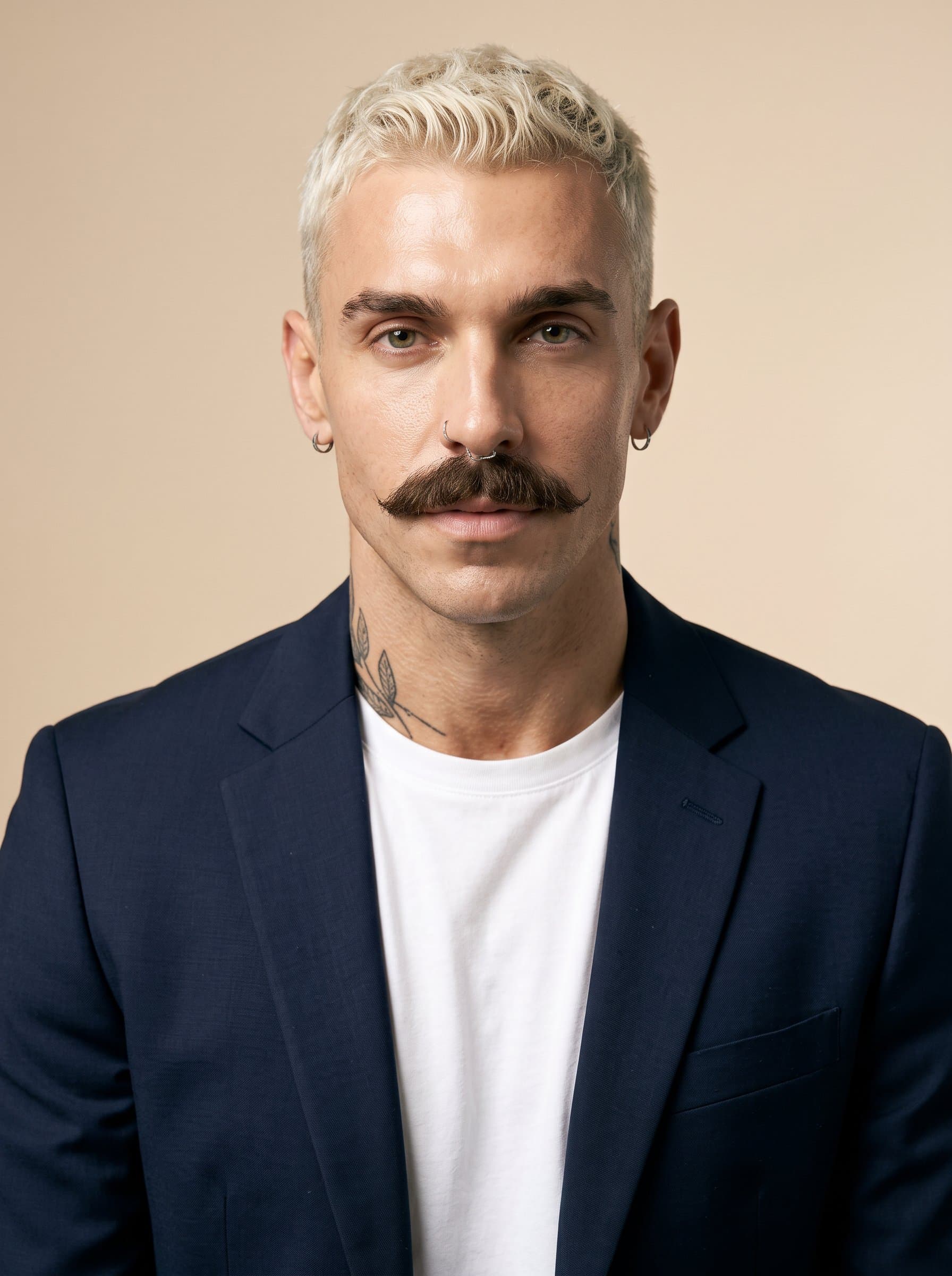 Capture in a headshot, sporting a casual blazer over a crisp white tee, set against a gentle beige background, with diffused lighting creating a calm and inviting professional impression.