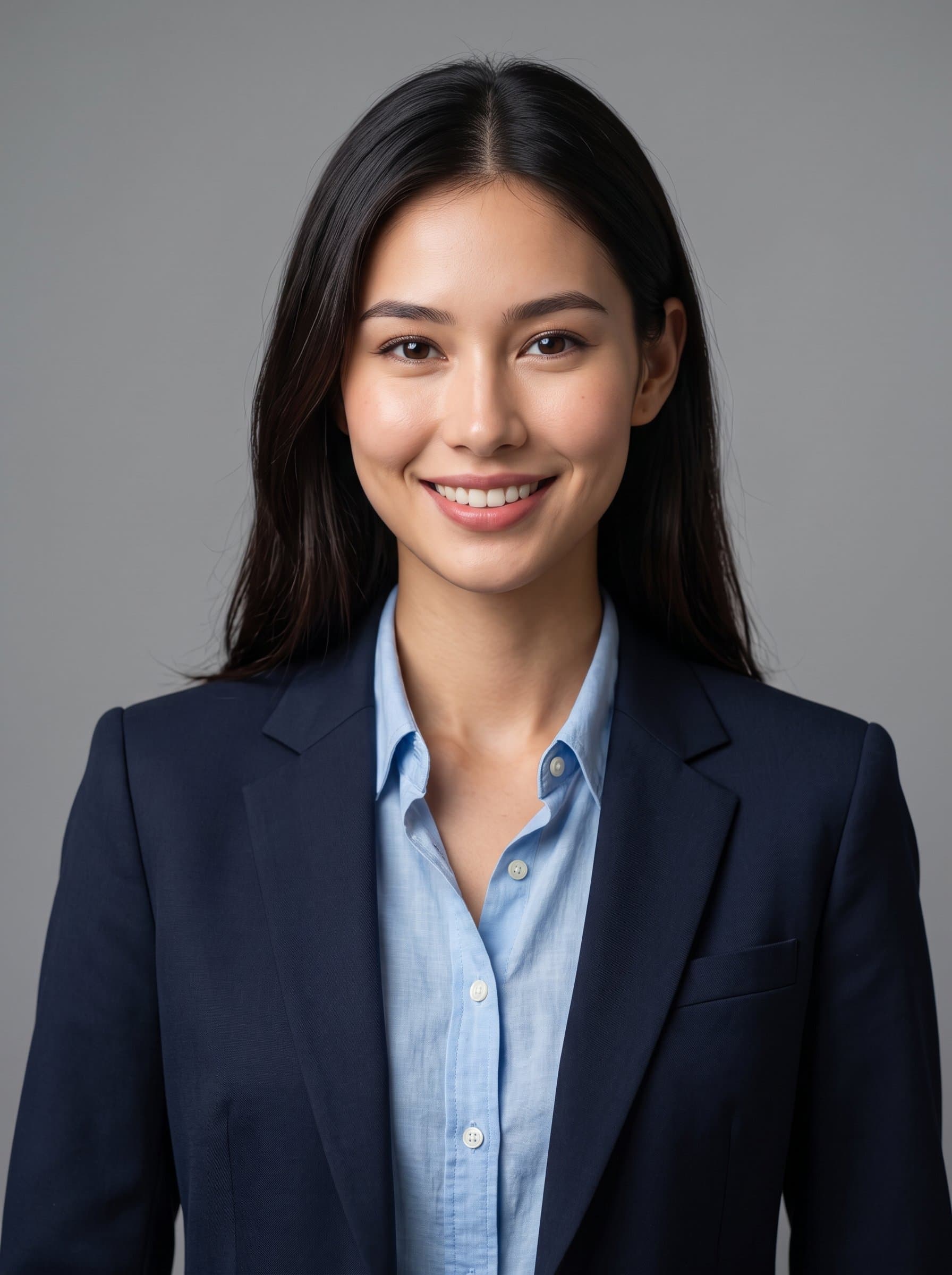 Create a photorealistic headshot of with a confident expression, dressed in a tailored blazer over a casual shirt, set against a neutral gray background with soft diffused lighting emphasizing their approachable demeanor.