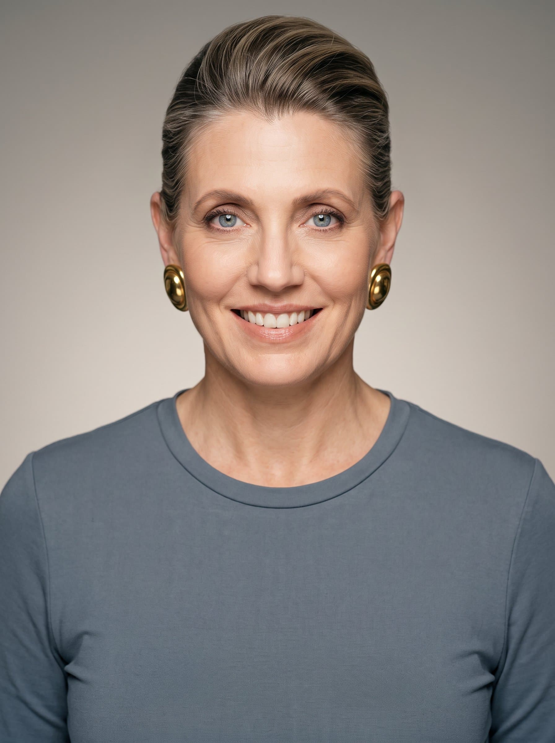 Create a professional headshot of with a sharp yet friendly expression, wearing a minimalistic solid-color shirt, against a neutral gradient background, softly lit for a cohesive and modern appearance.