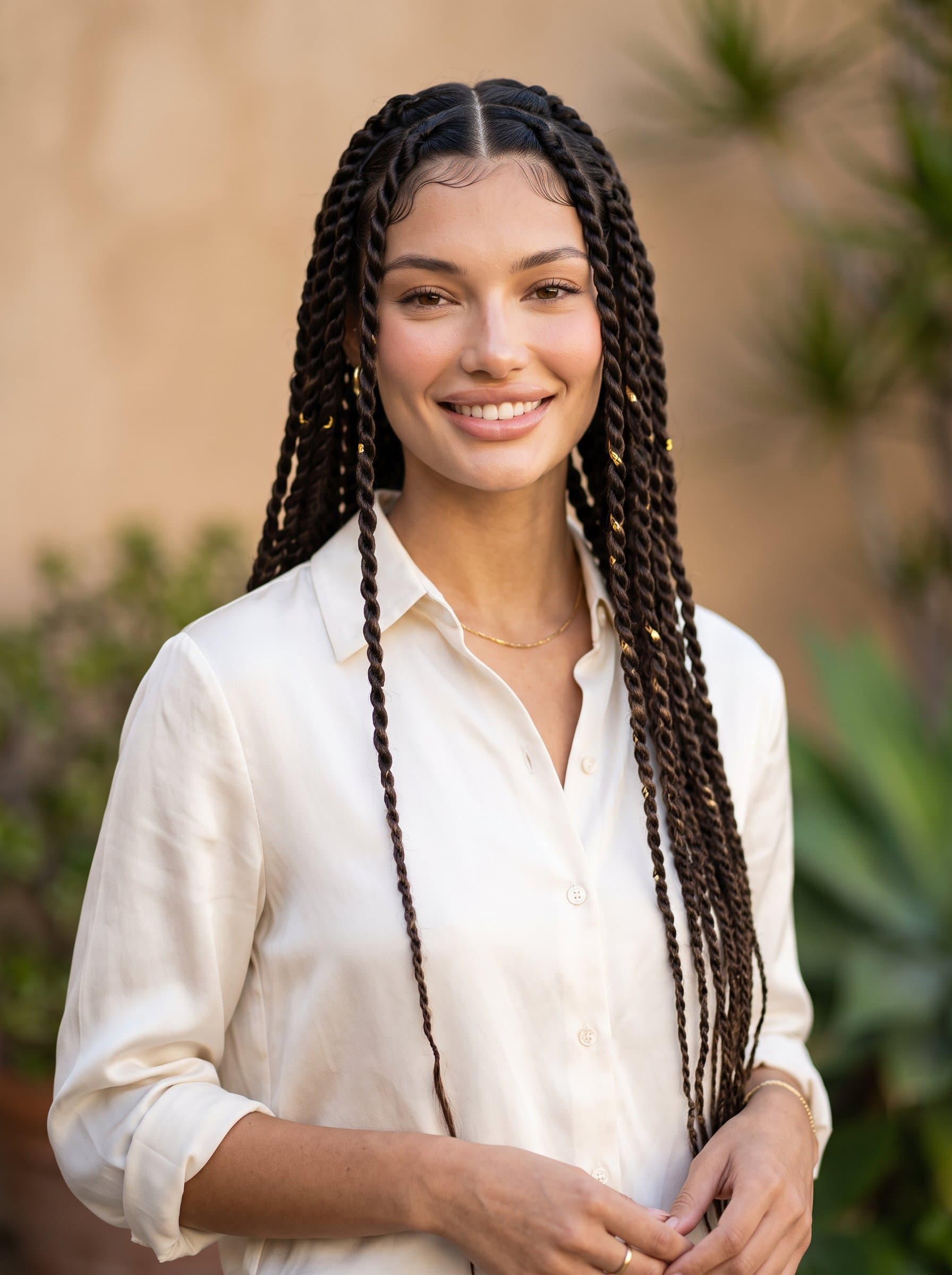 Create a photorealistic image of with a relaxed, approachable demeanor in a simple, elegant shirt, against a neutral background of warm tones, ensuring a professional yet personable look.