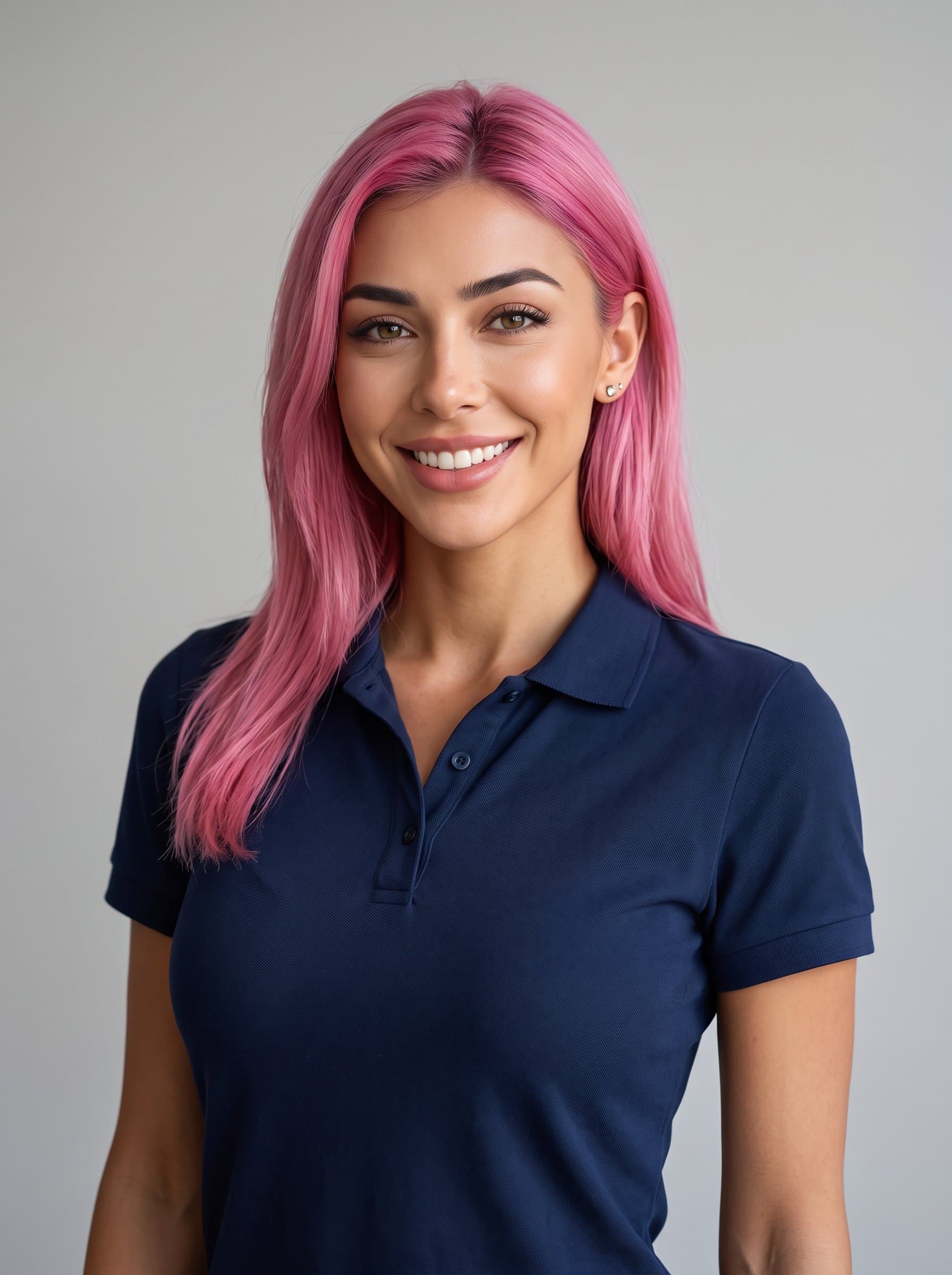 Generate a professional image of wearing a sleek, minimalistic polo shirt, with a warm and confident expression, against a smooth, neutral background softly lit for a cohesive look.