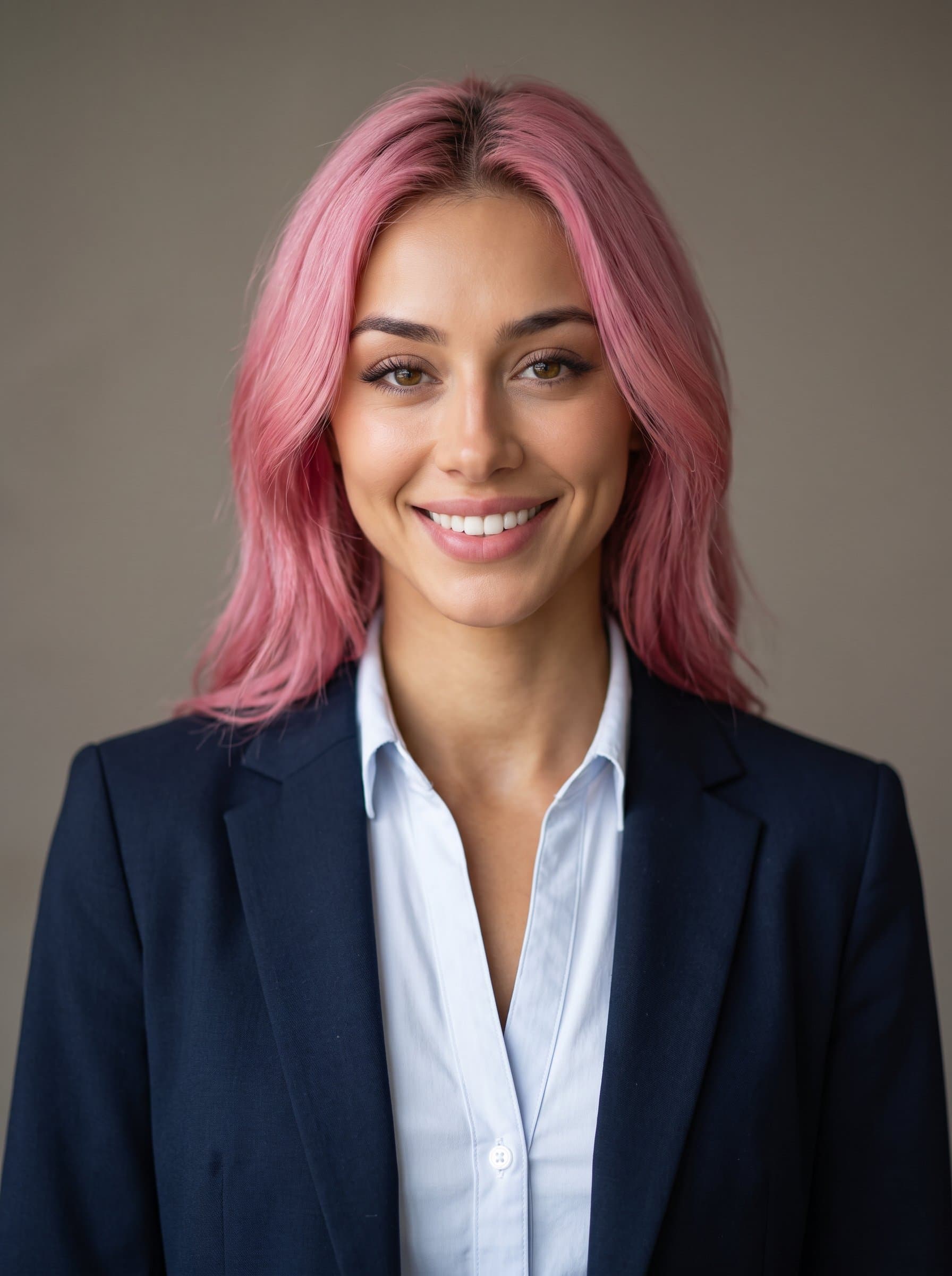Generate a headshot of with an open-collared shirt and blazer, displaying a confident yet approachable expression, against a neutral, soft-lit background in shades of smooth taupe.