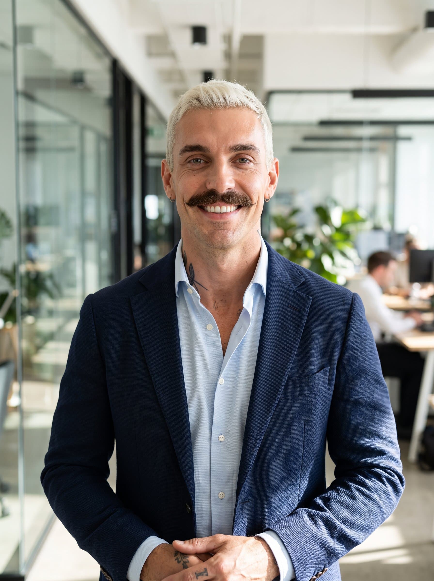 with an open-collared shirt and blazer, set against a blurred office setting. Aim for a warm, approachable vibe, with natural lighting enhancing the man's facial features for a contemporary corporate look.