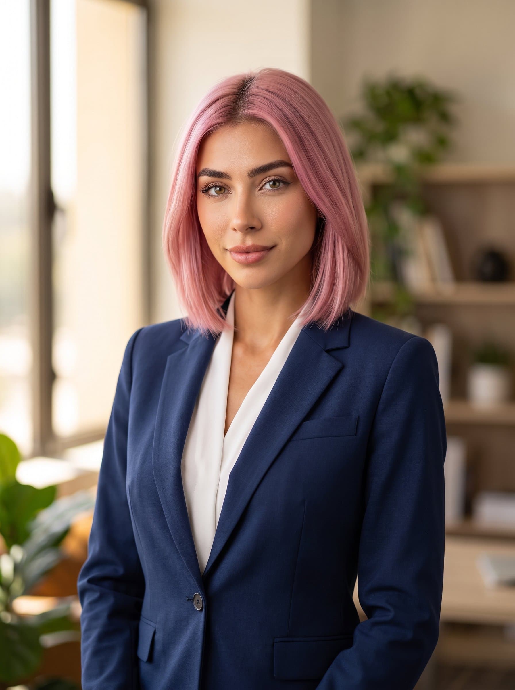 Design a headshot with a soft focus and natural lighting. The woman wears a tailored suit, with a calm and collected expression, set against a softly blurred office environment.