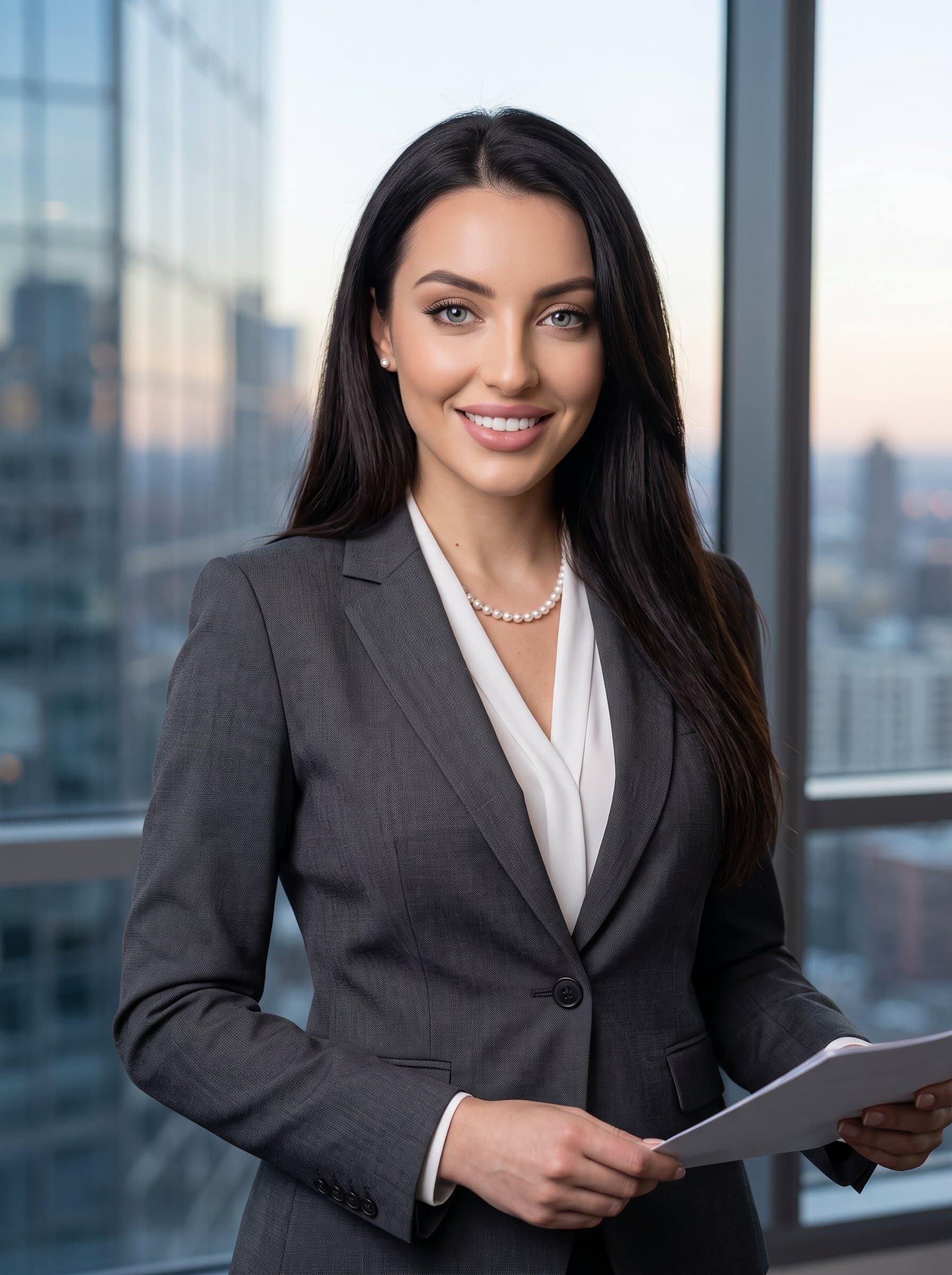 Capture a in a classic business suit against a modern cityscape background, highlighting professionalism and confidence. Ensure crisp lighting and focus on a friendly yet authoritative expression, perfect for LinkedIn profiles.