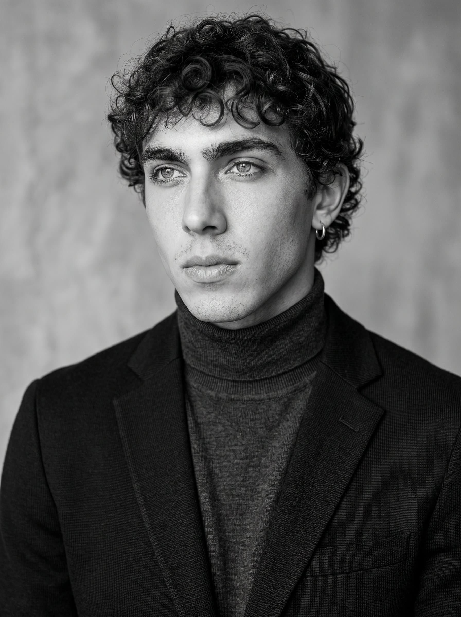Present a headshot with soft, diffused lighting and a monochrome palette. Capture a thoughtful expression, with an emphasis on eyes, suited for a sophisticated and timeless professional image.