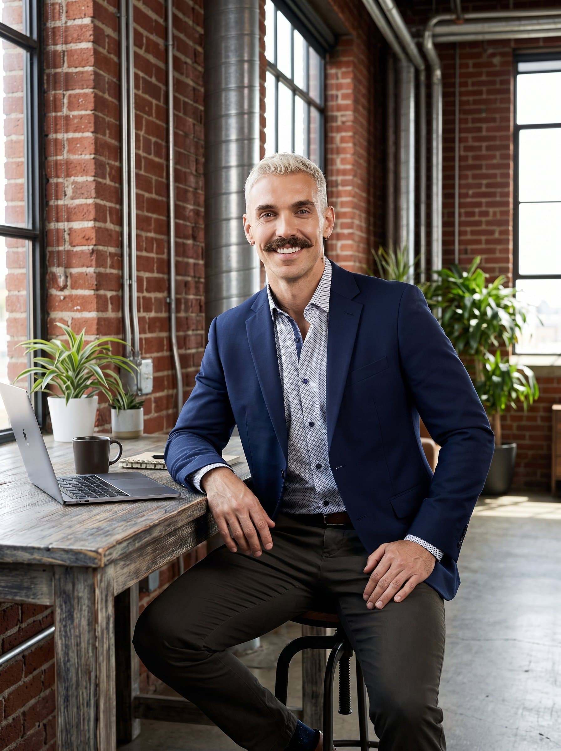 Generate a with a rustic-industrial background, highlighting urban sophistication. The attire is semi-formal, with a confident and engaging smile, perfect for tech and creative roles.