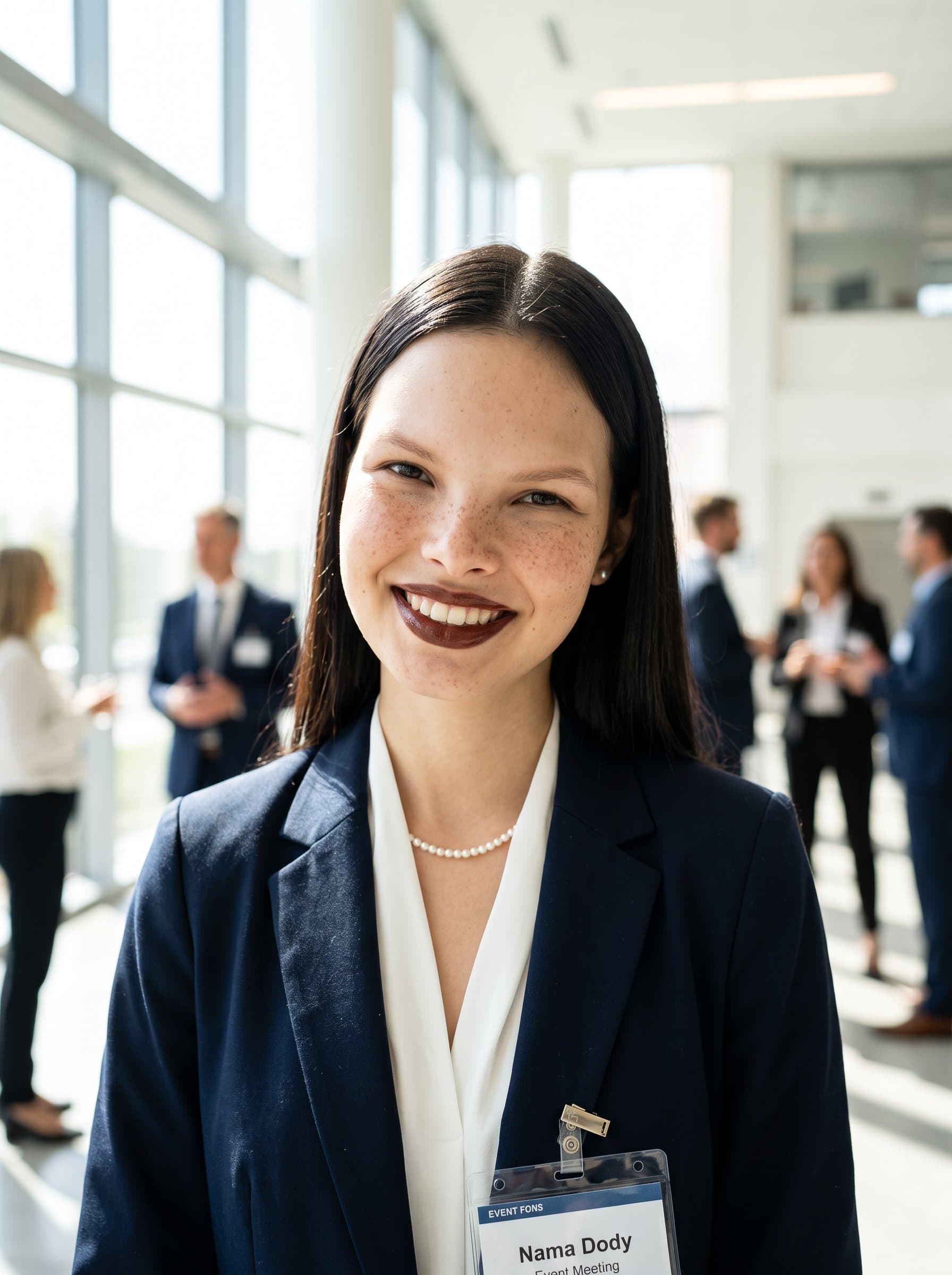 Craft a featuring a bright, airy environment with natural light. Attire is business formal, with a slight tilt of the head to convey friendliness and engagement, perfect for networking.