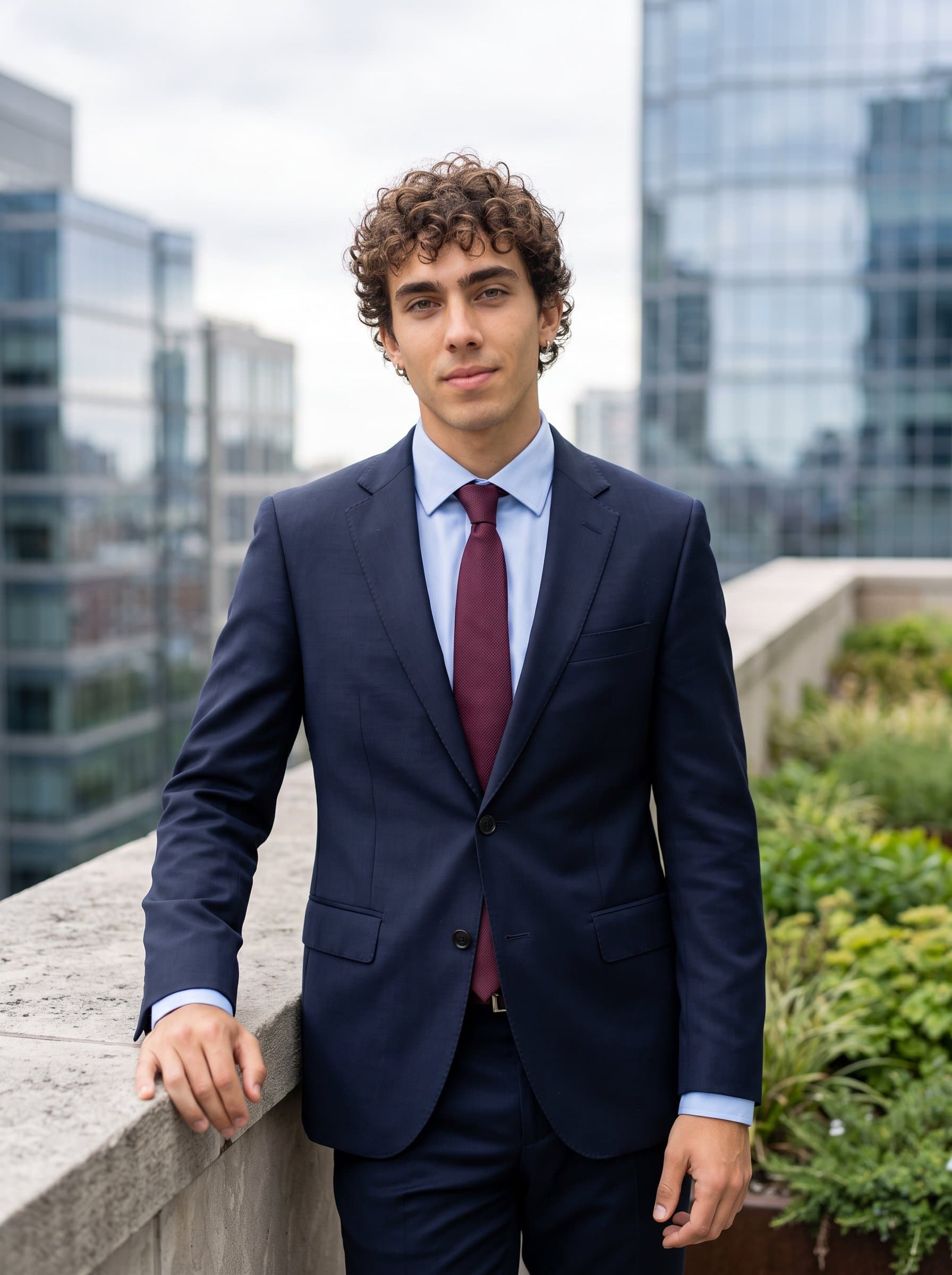 Capture a in an outdoor setting with soft natural lighting. The man wears professional attire with a relaxed expression, showcasing versatility for both indoor and outdoor corporate images.