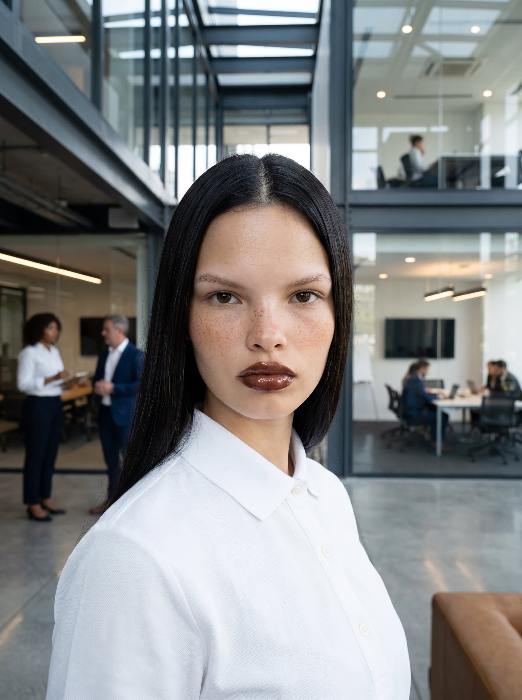 Develop a with a sleek, modern architectural backdrop. The focus is on a poised expression with crisp, clear lighting, ensuring a contemporary and versatile corporate image.