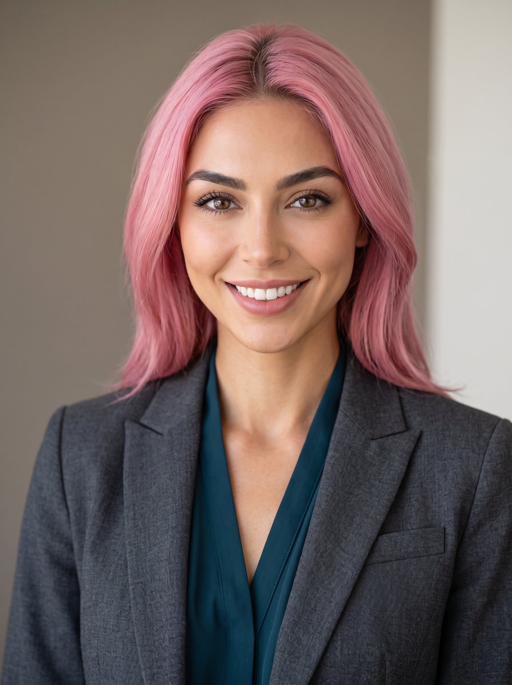 Create a headshot featuring a minimalist background with neutral tones. The focus is on the woman's eyes and expression, projecting competence and approachability, ideal for tech industry professionals.