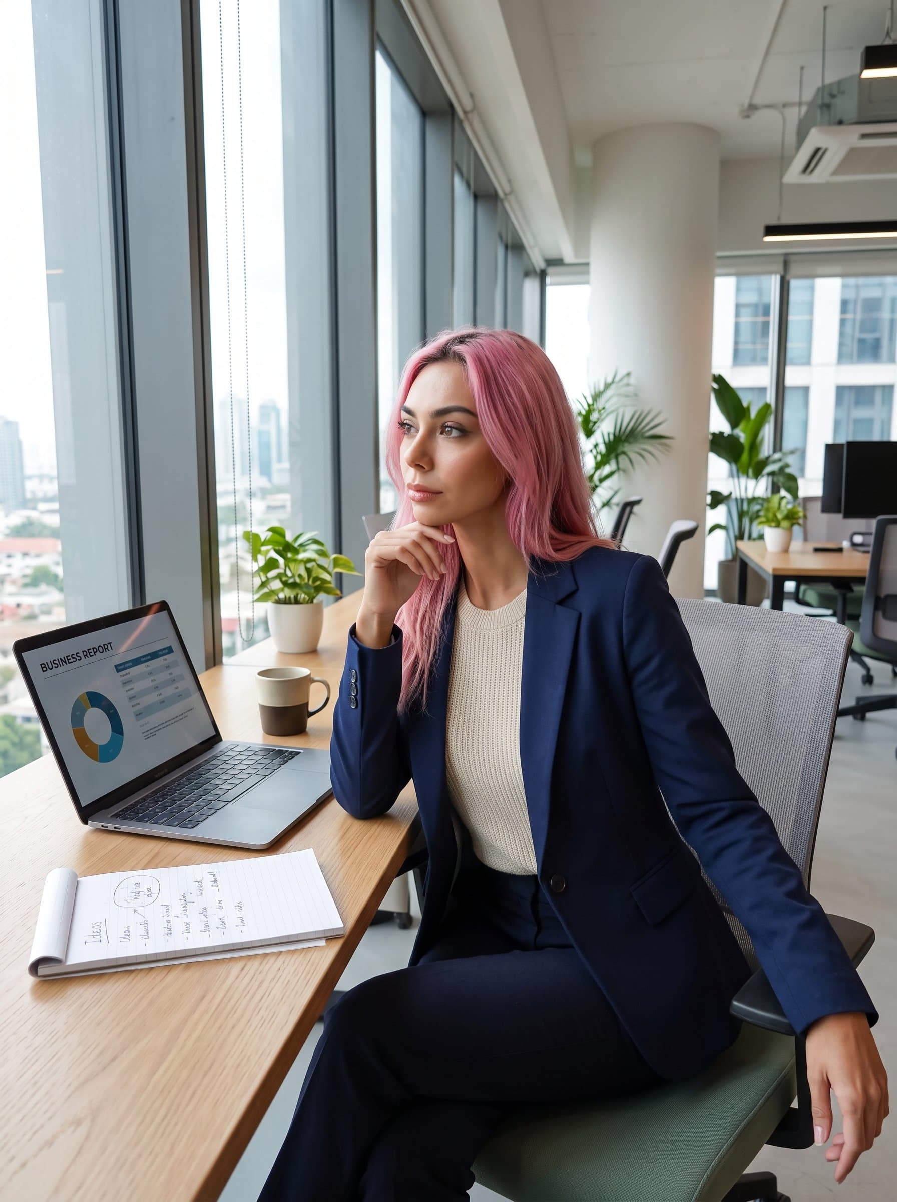 Create a with a window-lit office setting, capturing a thoughtful and strategic expression. Attire is smart casual, portraying a blend of professionalism and creativity, suitable for diverse corporate environments.