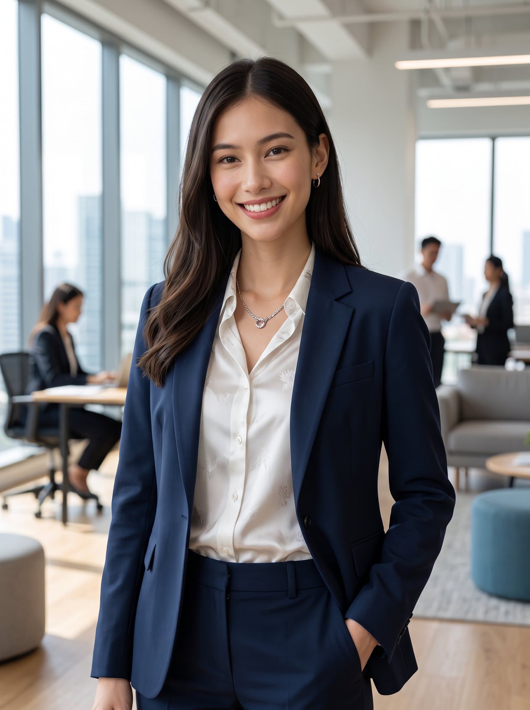 Craft a in a brightly lit modern office space. Highlight a confident smile, with attire that is both formal and stylish, projecting a balance of professionalism and approachability.