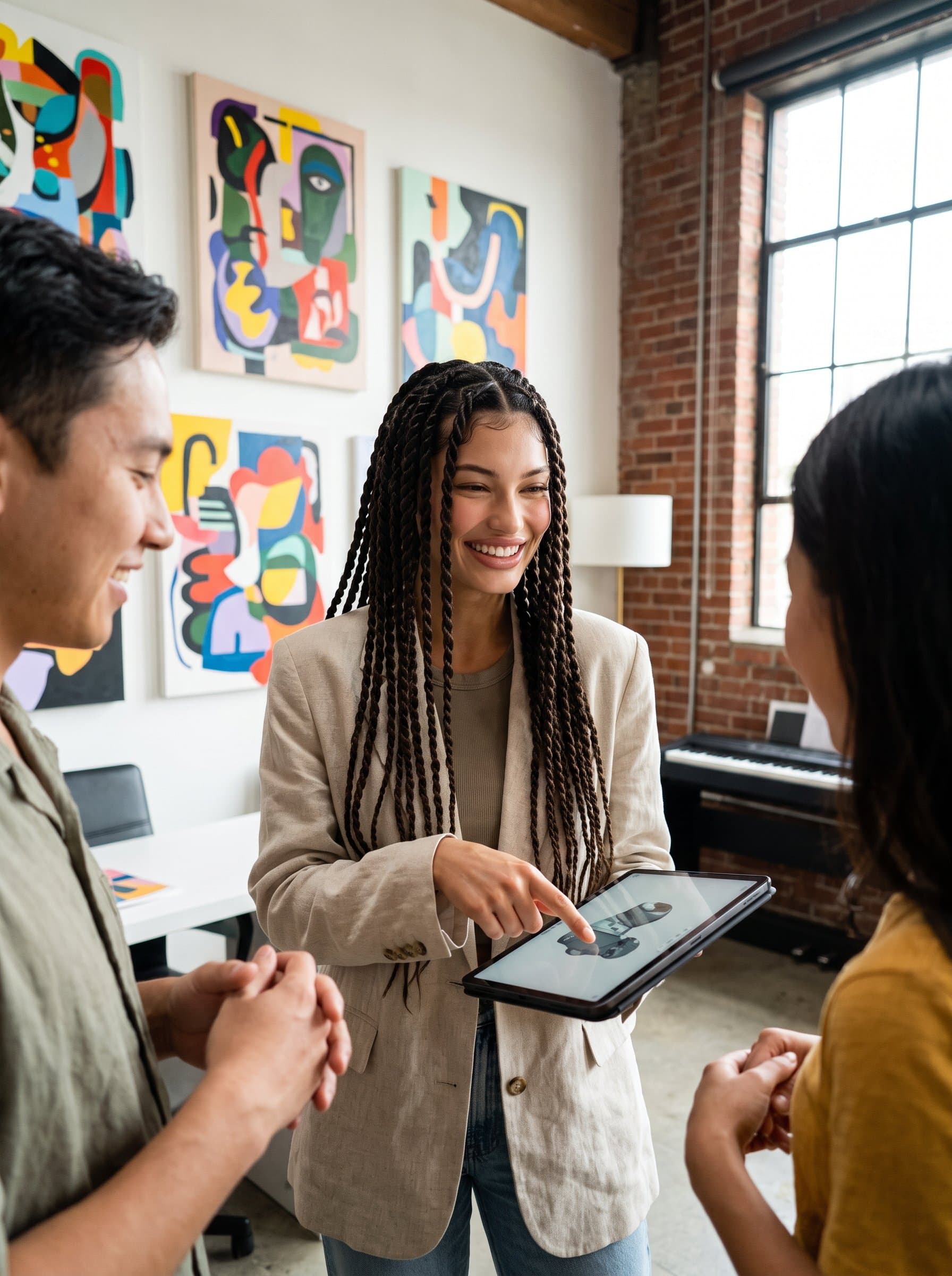 Design a in a stylish co-working space, with contemporary art in the background. Focus on a congenial and innovative expression, highlighting creativity and forward-thinking for modern industries.