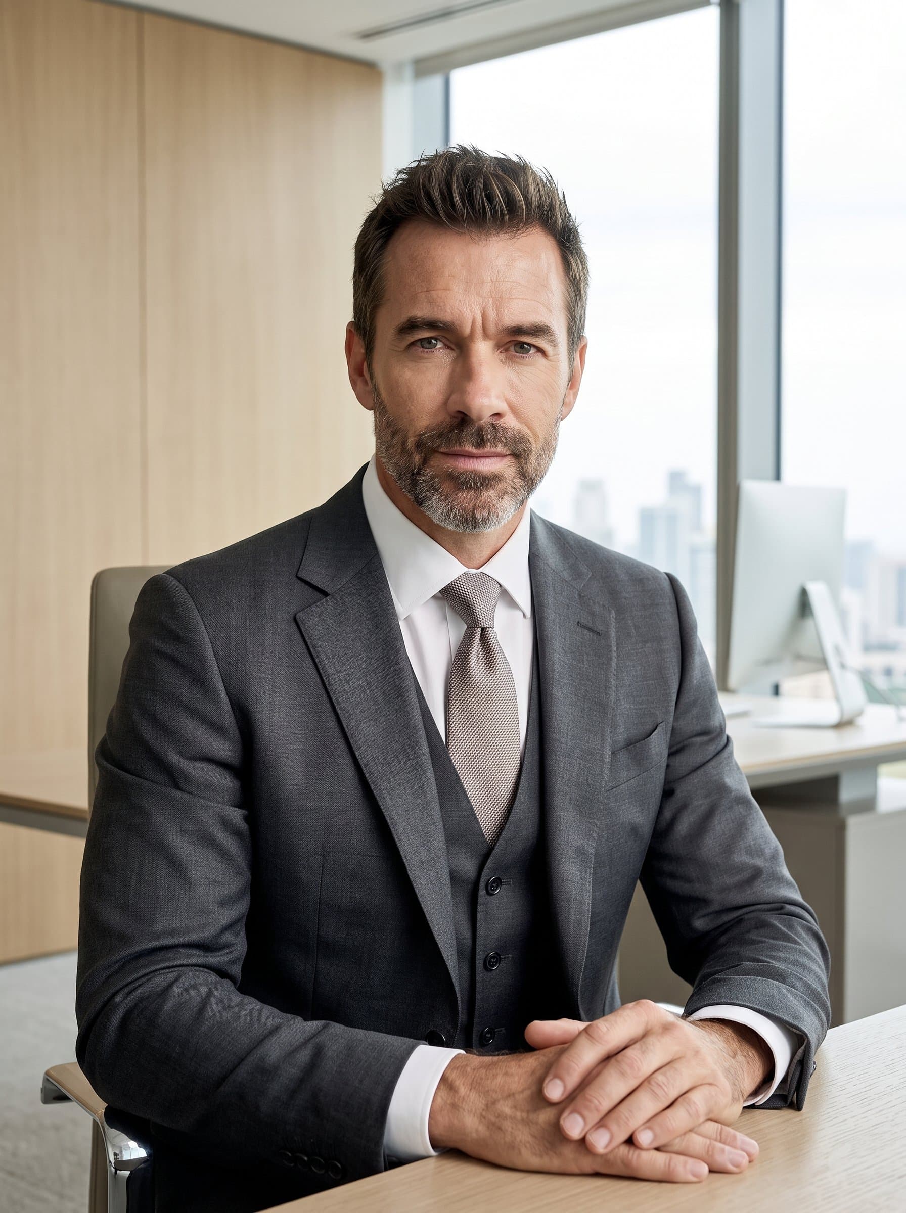 Produce a set in a minimalistic office environment, utilizing soft lighting to highlight a calm and composed expression. The attire is traditional business wear, fitting for high-stake corporate settings.