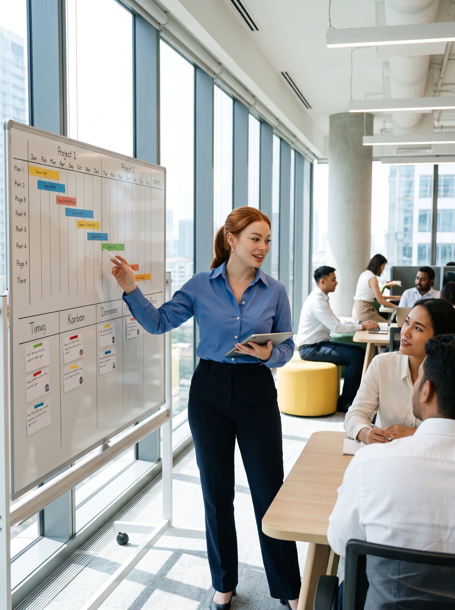 : Create a dynamic project manager with rolled-up sleeves, standing purposefully in a modern open-plan office. The image should convey a sense of leadership and organization, with natural light streaming through large windows.