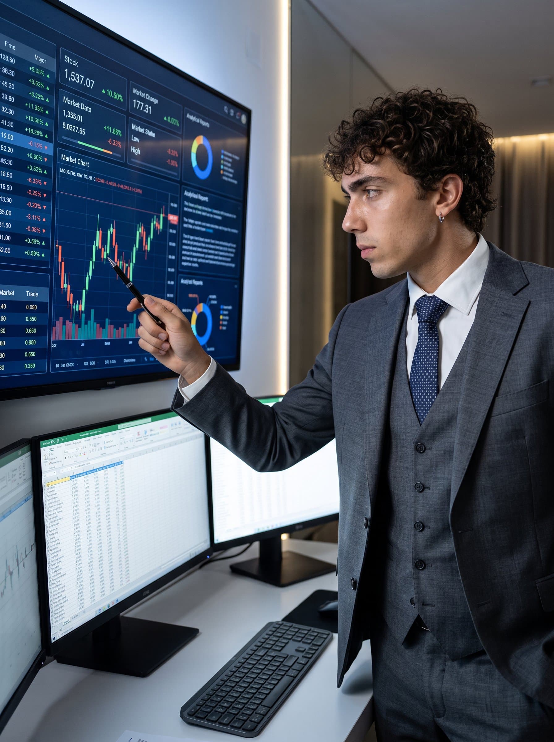 : Depict a detail-oriented financial analyst in a sleek grey suit, in front of a digital financial dashboard. The precise lighting should reflect their keen attention to detail and analytical skills.