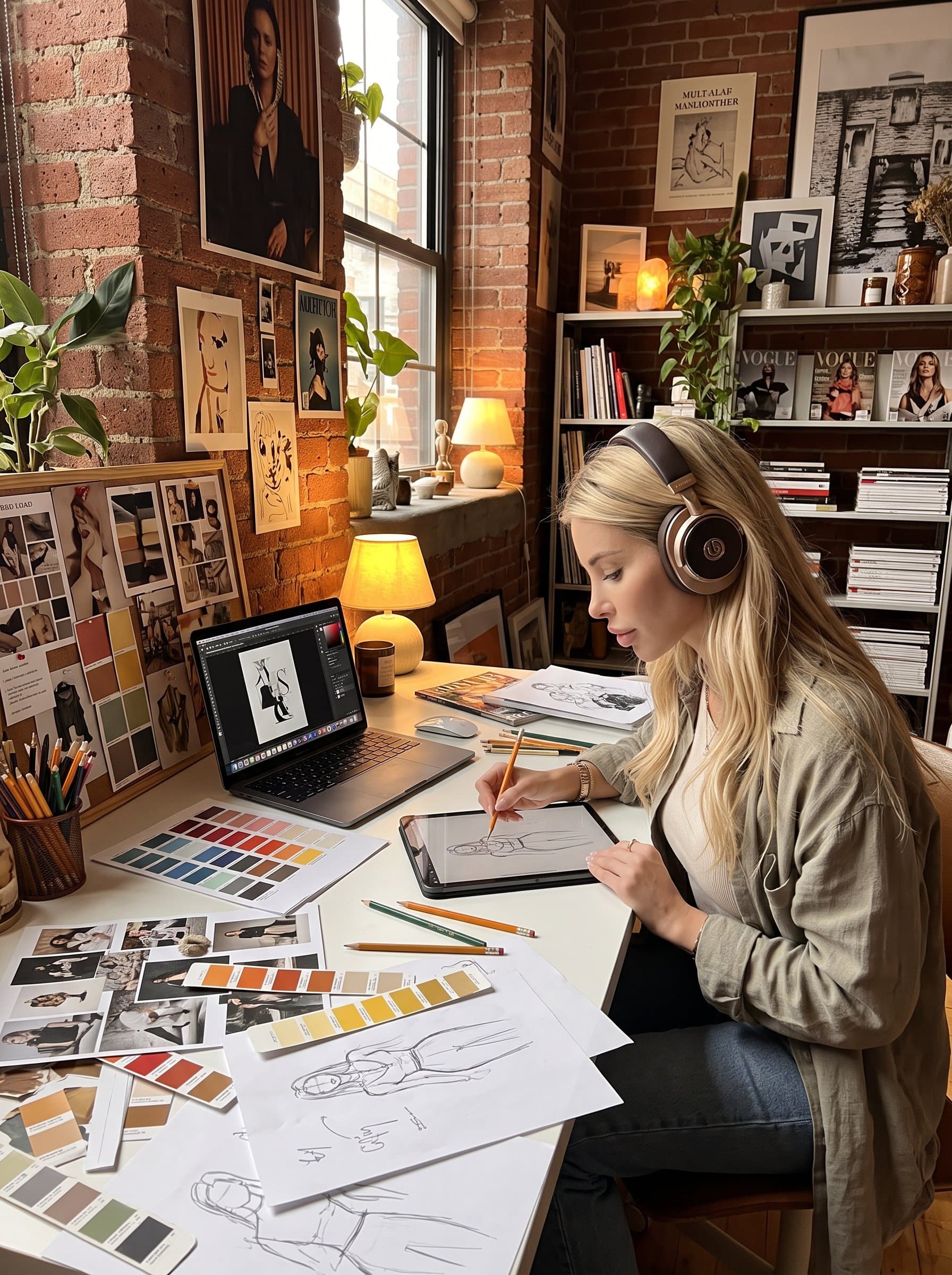 : Illustrate a creative graphic designer wearing stylish headphones, seated at a desk cluttered with sketches and color swatches. The environment should reflect artistic flair with warm, inviting lighting.