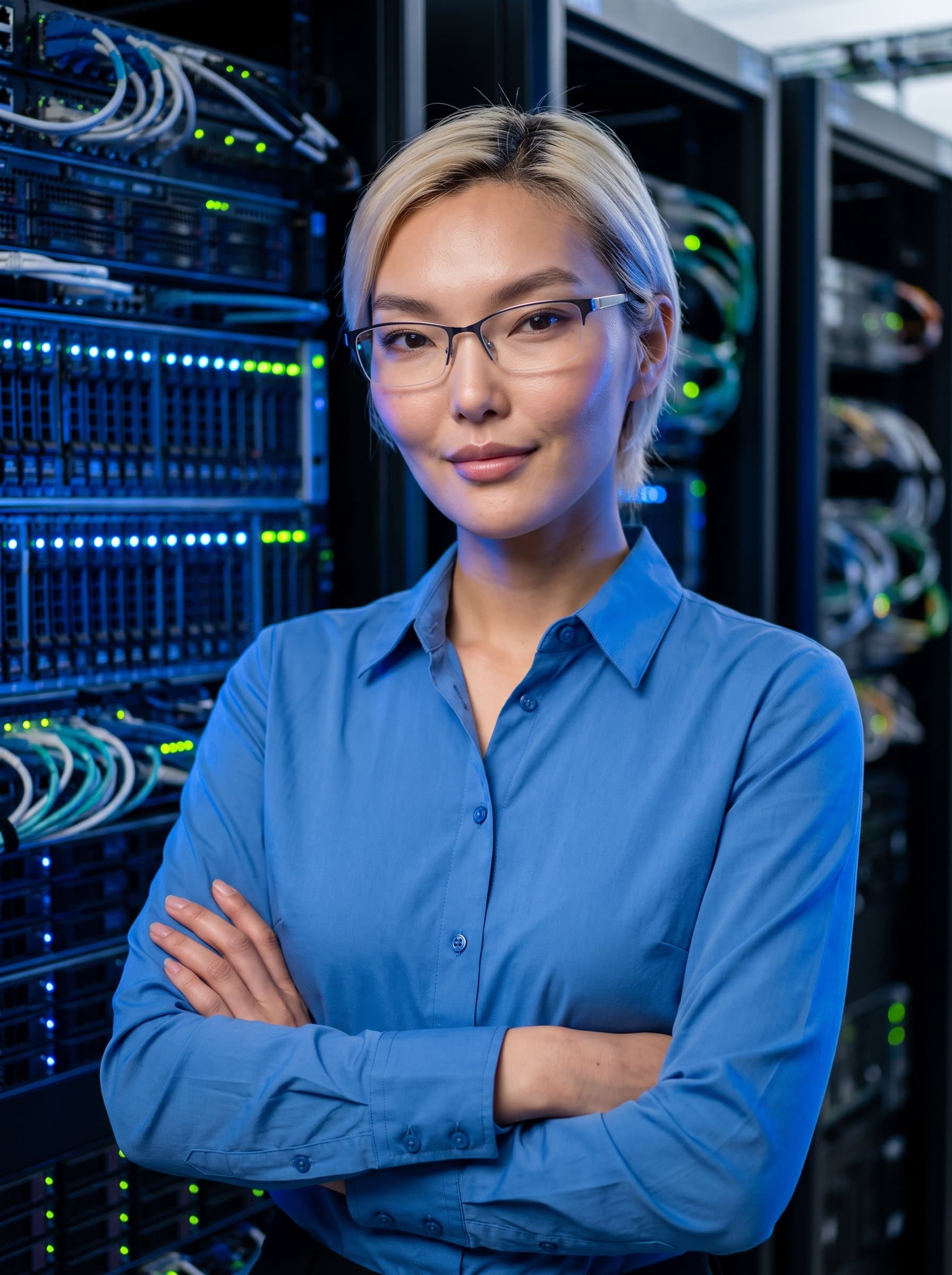 : Capture a confident AI developer with sleek glasses, standing in front of a high-tech server room, wearing a crisp blue shirt. The lighting should highlight their analytical nature and tech-savvy persona.