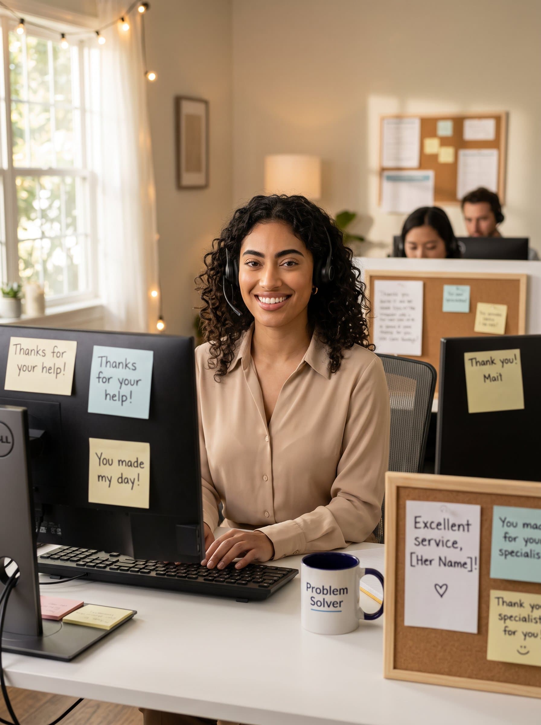 : Illustrate a resourceful customer support specialist smiling warmly at their desk, decorated with thoughtful thank-you notes. The atmosphere should be friendly and welcoming, with soft ambient lighting.