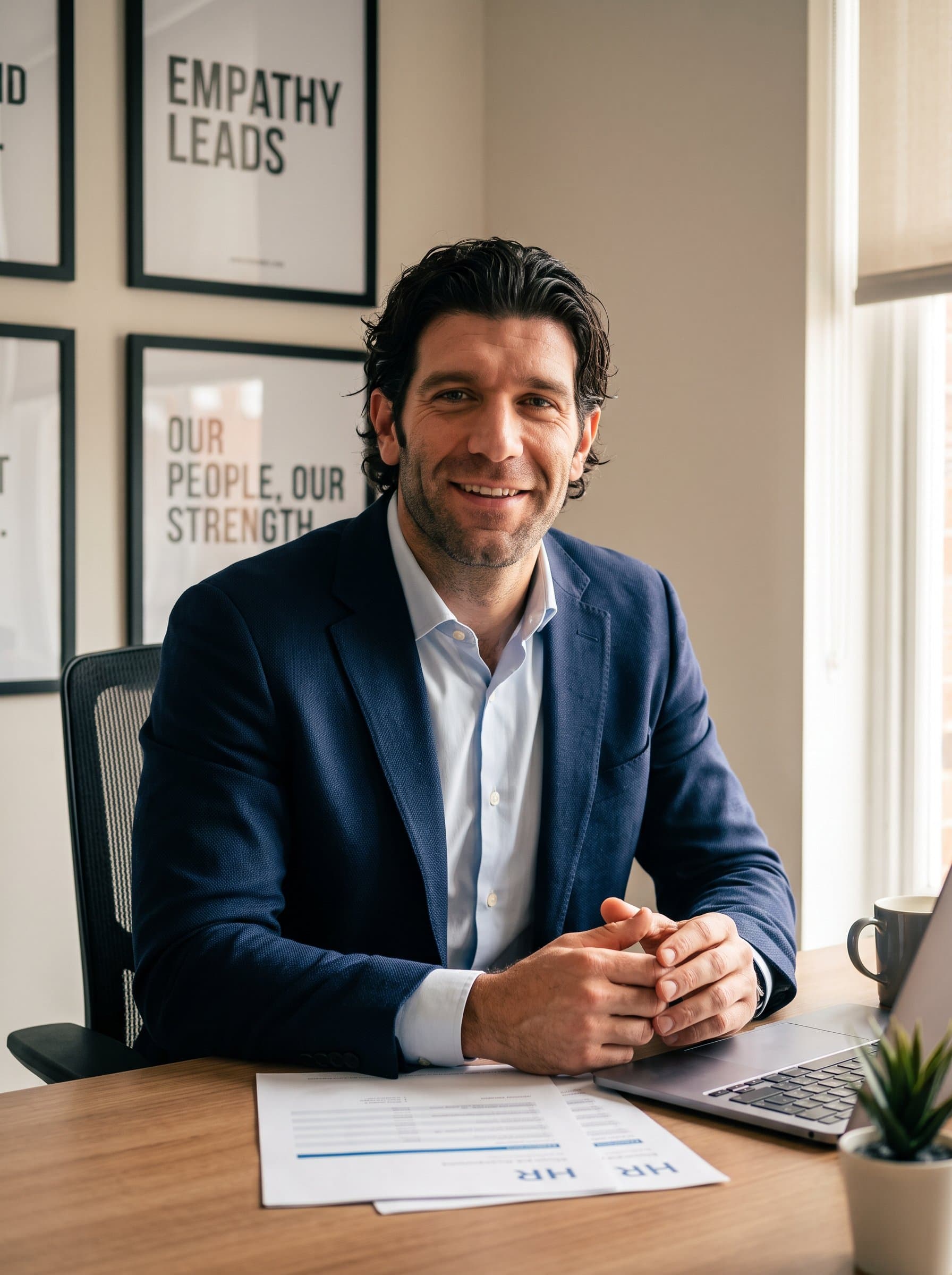 : Present a strategic HR specialist with an inviting smile, positioned in an office with motivational quotes on the wall. The shot should convey empathy and professionalism, with soft, warm lighting enhancing their approachable nature.