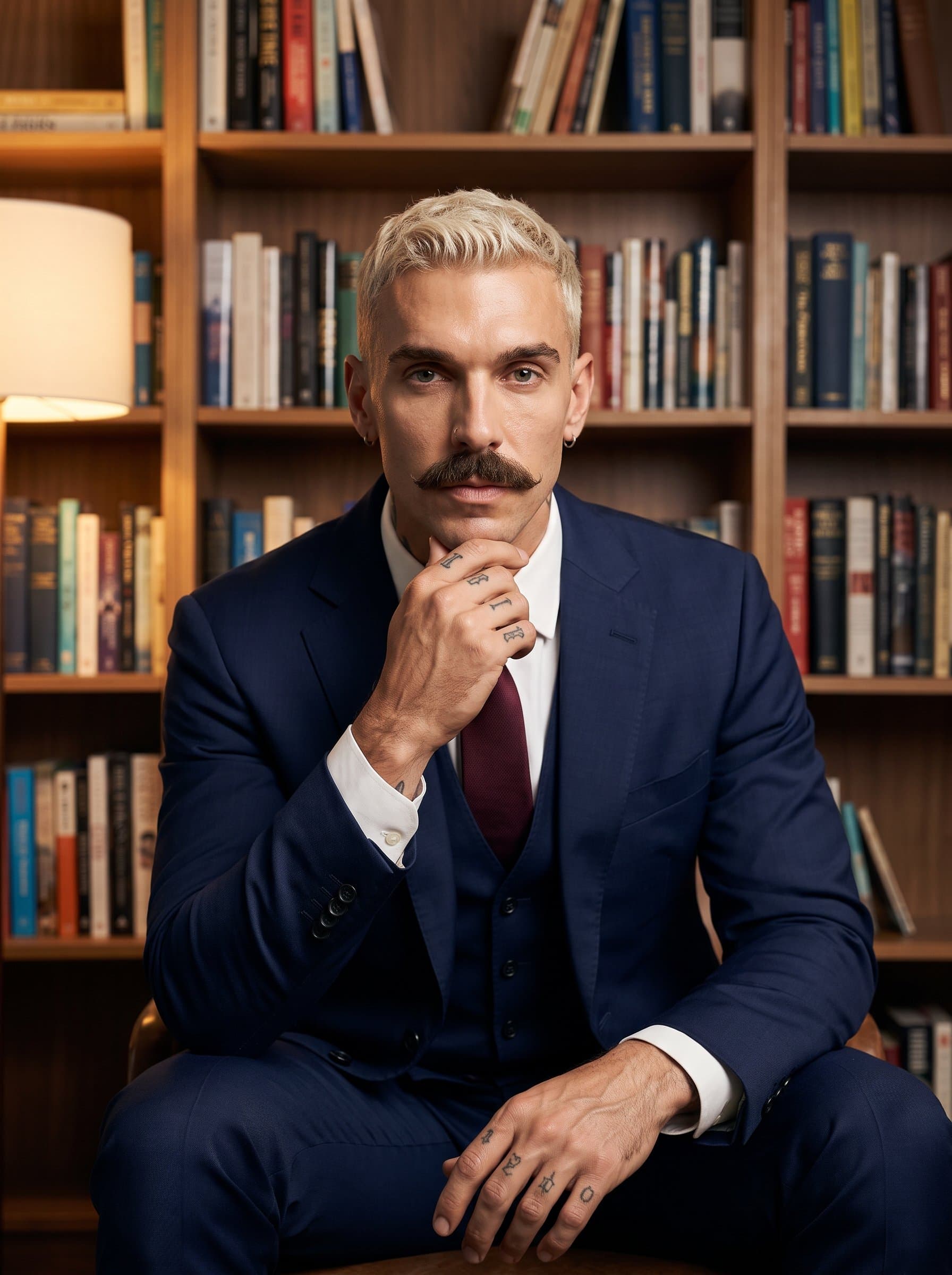 : Create a seasoned consultant with a thoughtful expression, in front of a well-organized bookshelf. The lighting should cast a warm glow, reflecting wisdom and expertise in their field.