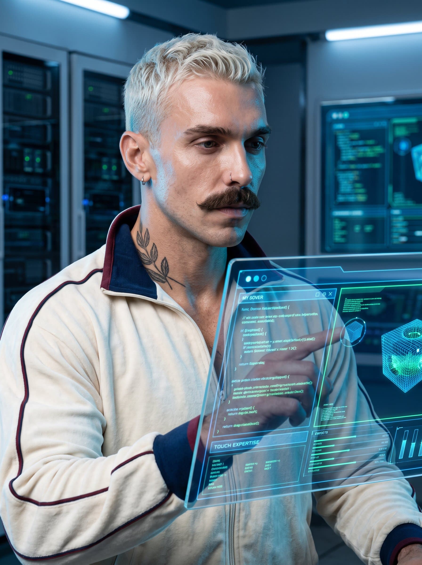 : Portray an innovative software engineer with a futuristic touch-screen display in the background. Their expression should be thoughtful, with cool lighting to emphasize their forward-thinking and technological expertise.