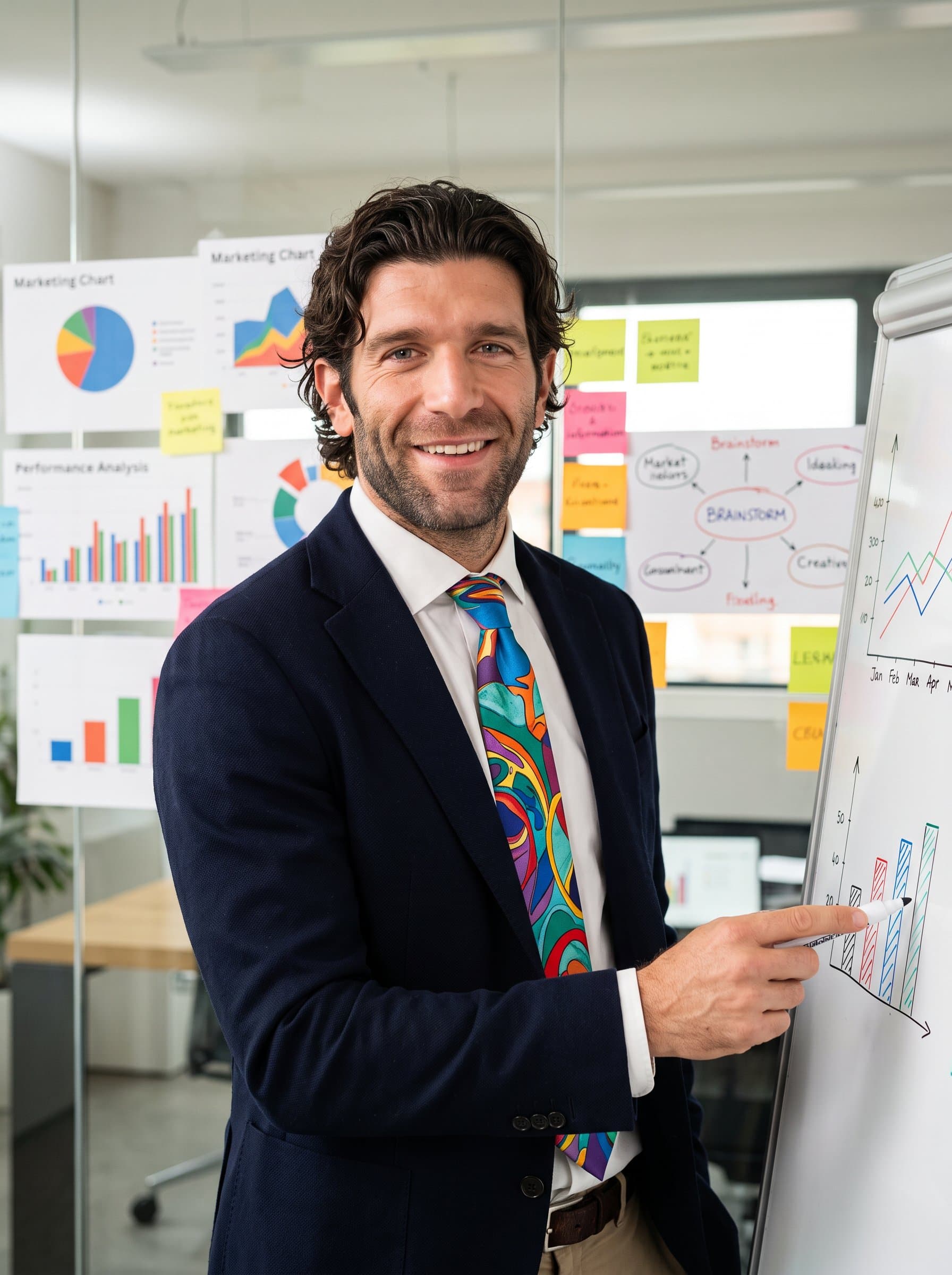 : Portray a visionary marketing strategist with a vibrant tie, against a backdrop of colorful campaign charts. Their friendly smile should exude creativity and approachability, with soft lighting emphasizing their innovative mindset.