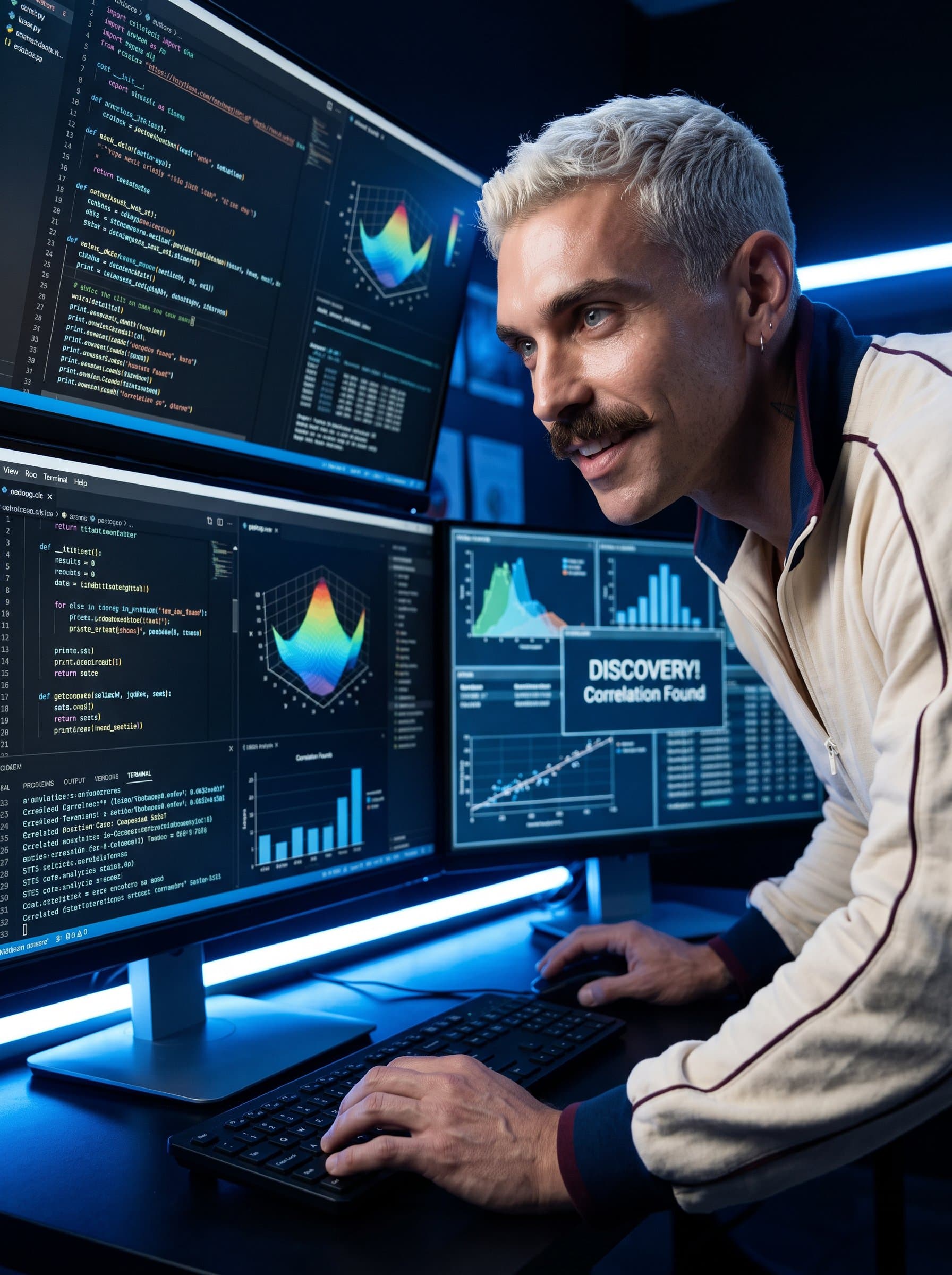 : Portray a savvy data scientist immersed in code, against a background of dynamic data visualizations. The lighting should subtly highlight their intelligence and analytical prowess, evoking a sense of discovery.