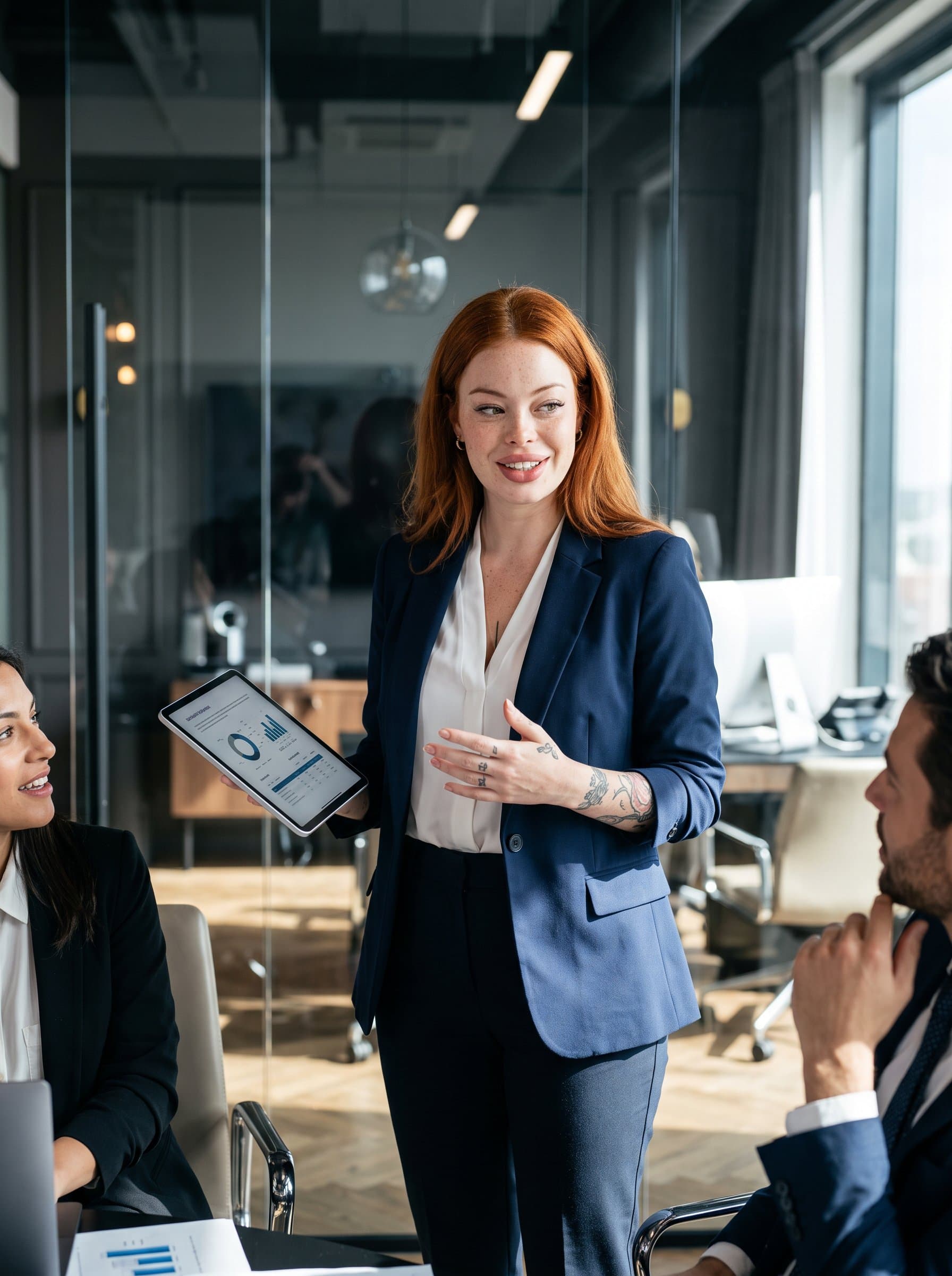 : Depict a charismatic sales lead holding a sleek tablet, standing in a chic meeting room. The lighting should emphasize their persuasive nature and dynamic energy, with a subtle hint of modern sophistication.