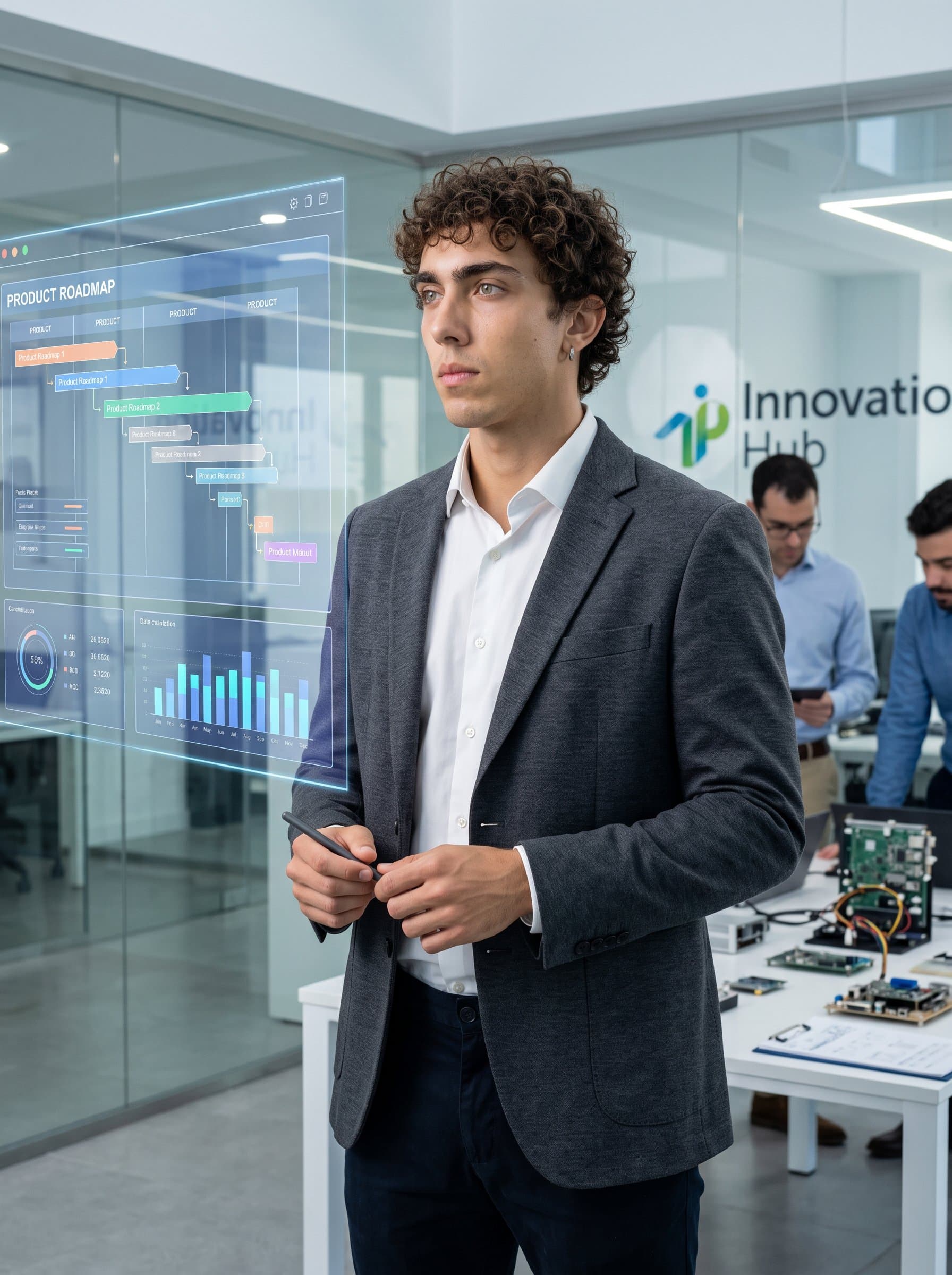 : Present a forward-thinking product manager with a visionary gaze, standing in a sleek innovation lab. The lighting should highlight their confident demeanor and strategic insight into the future of products.