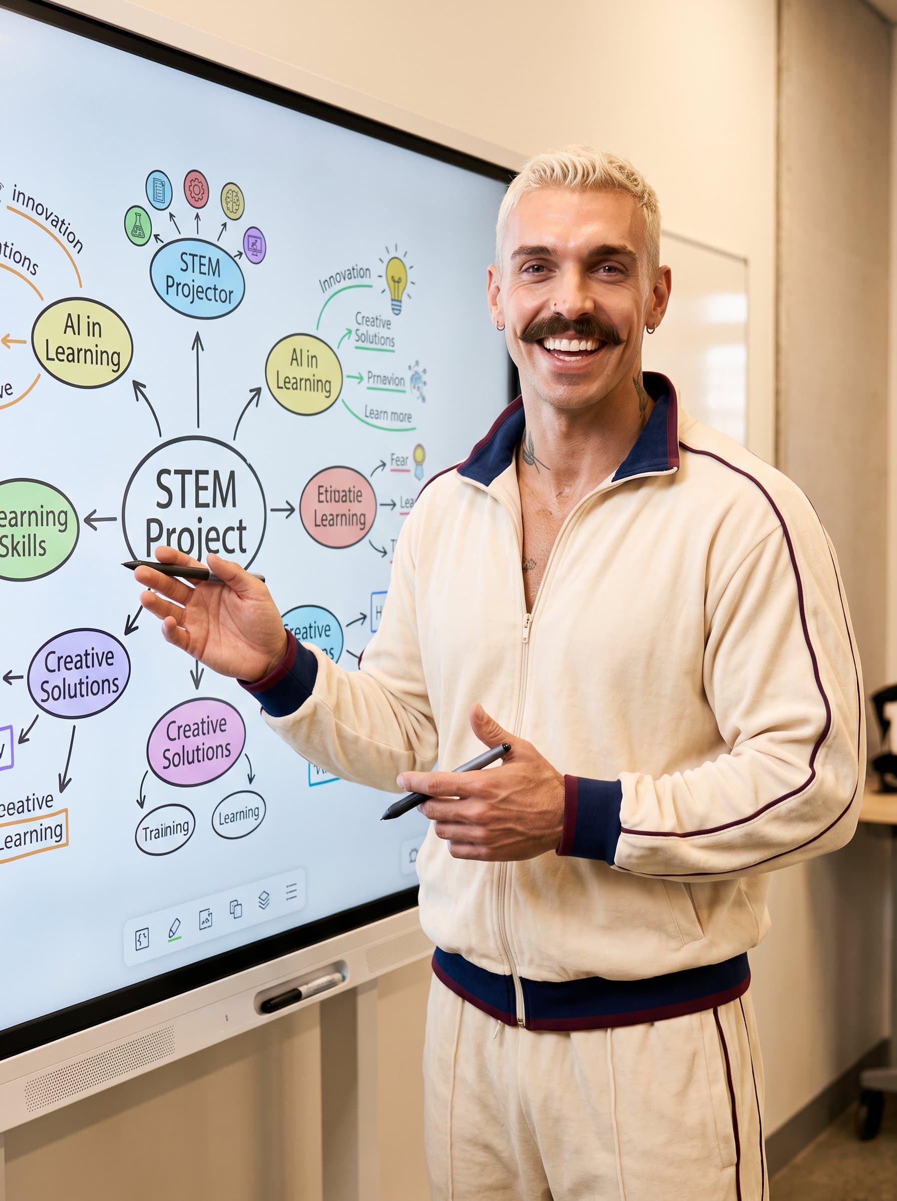 : Capture a passionate educator with an engaging smile, in front of a digital whiteboard filled with innovative ideas. The lighting should be bright and inviting, reflecting their enthusiasm for learning and teaching.