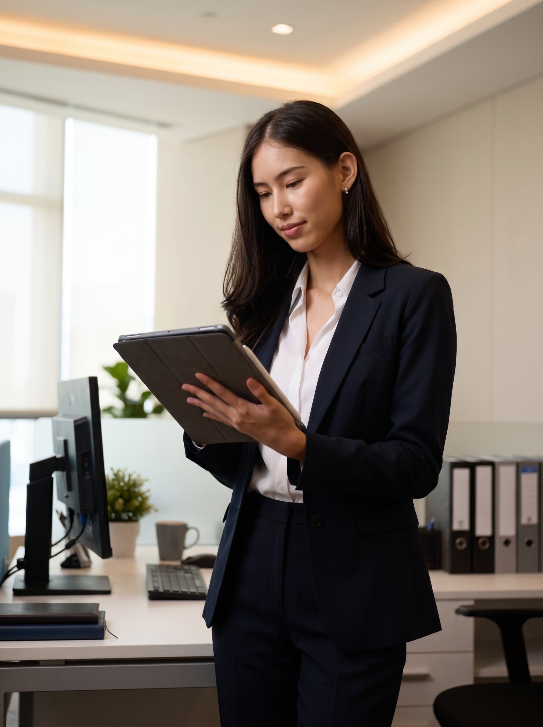: Depict an organized executive assistant holding a digital planner, with a well-ordered desk in the background. The lighting should enhance their efficient and supportive role within the organization.