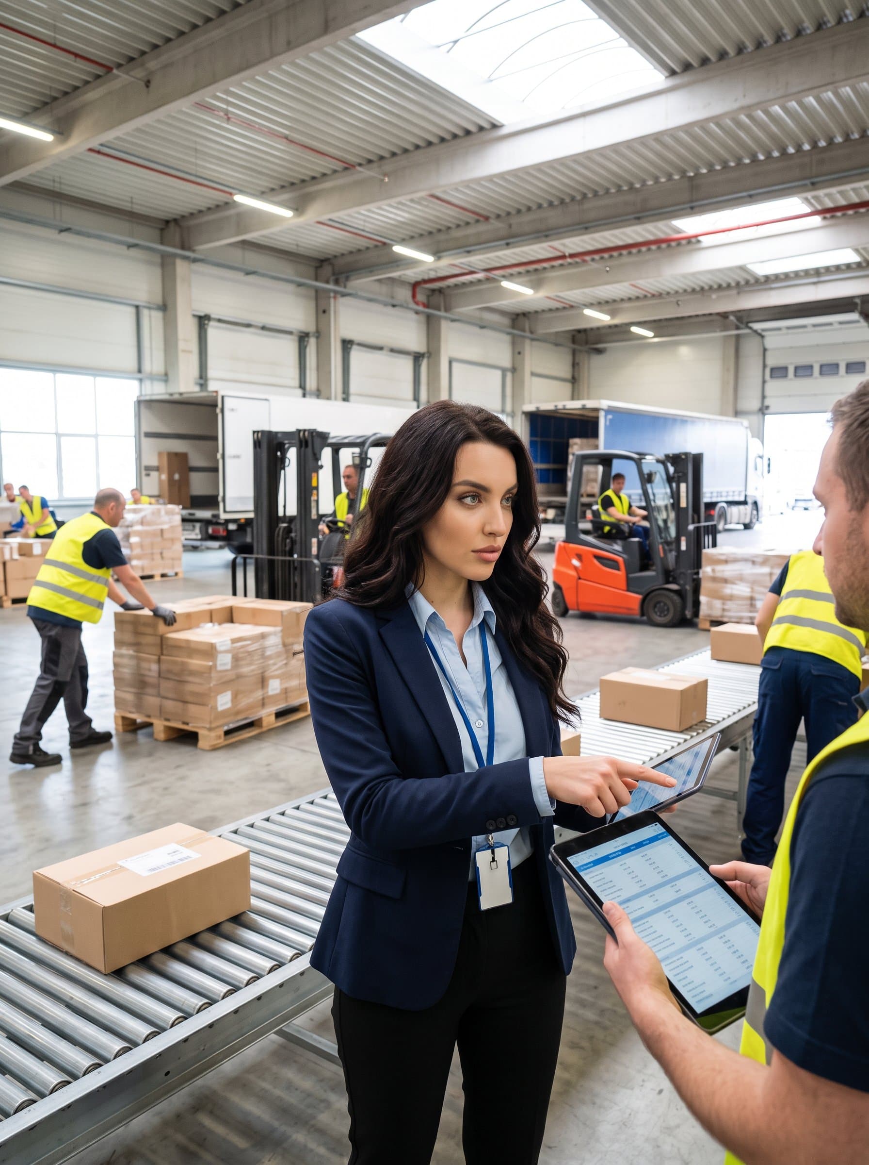 : Capture a diligent operations manager with a focused expression, standing in a bustling logistics hub. Their attire should be business-casual, and the lighting should highlight their efficiency and problem-solving skills.