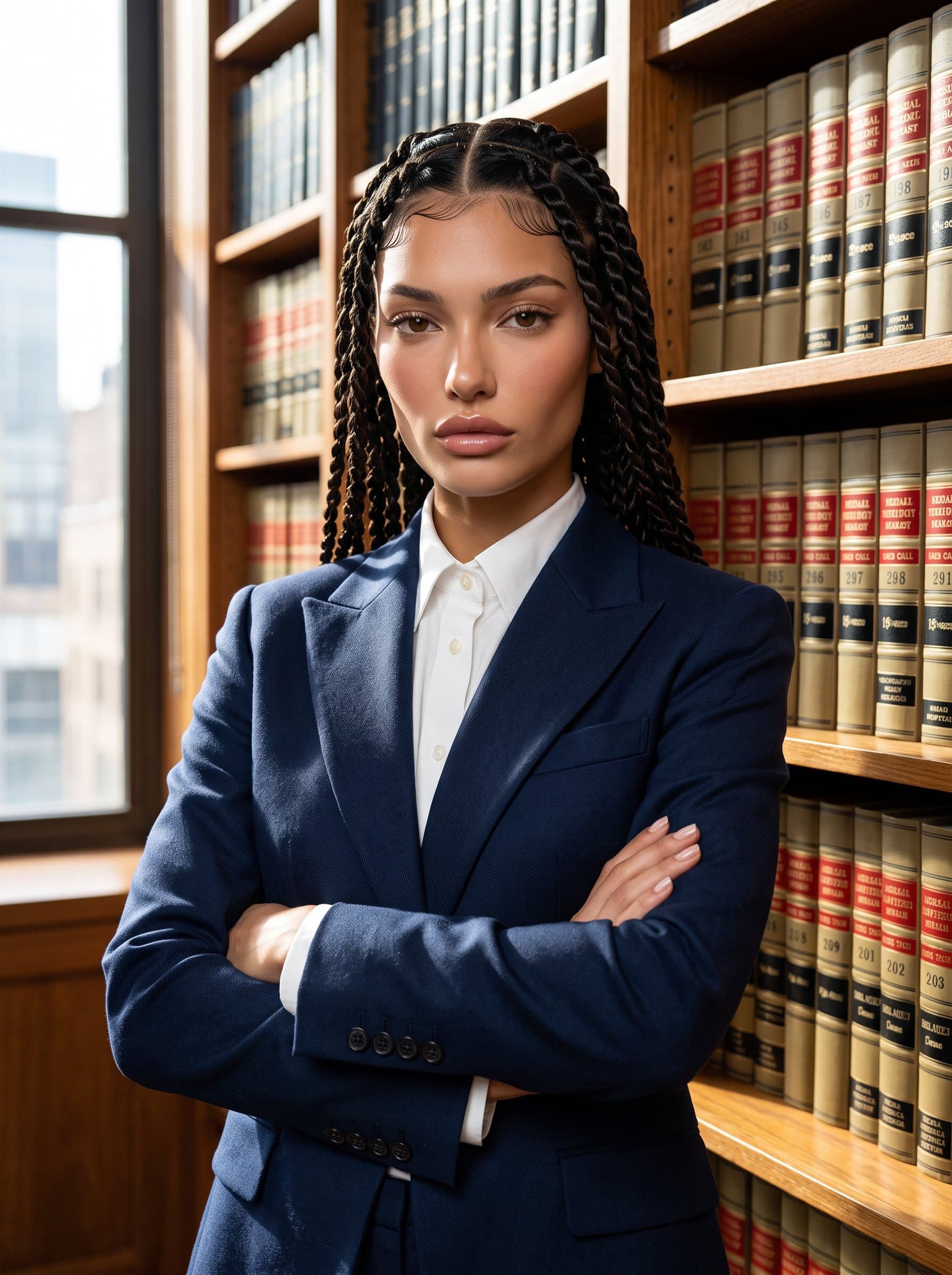 : Present a determined legal advisor in a sharply tailored suit, positioned in front of a wall of legal texts. The lighting should convey authority and meticulous attention to detail, with a professional tone.
